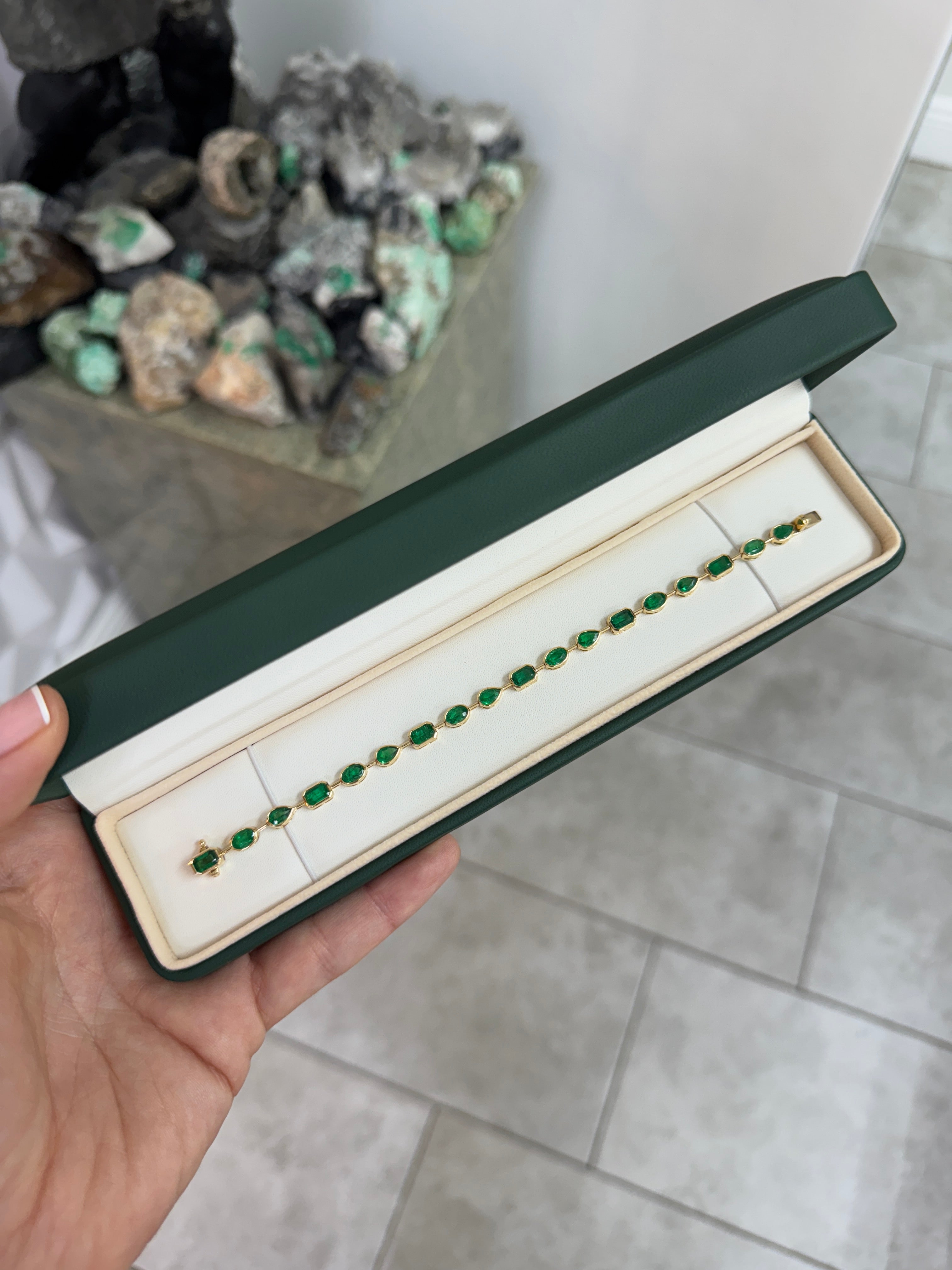 7.93tcw 18K Emerald Mixed Shape Tennis Bracelet- 7 Inches