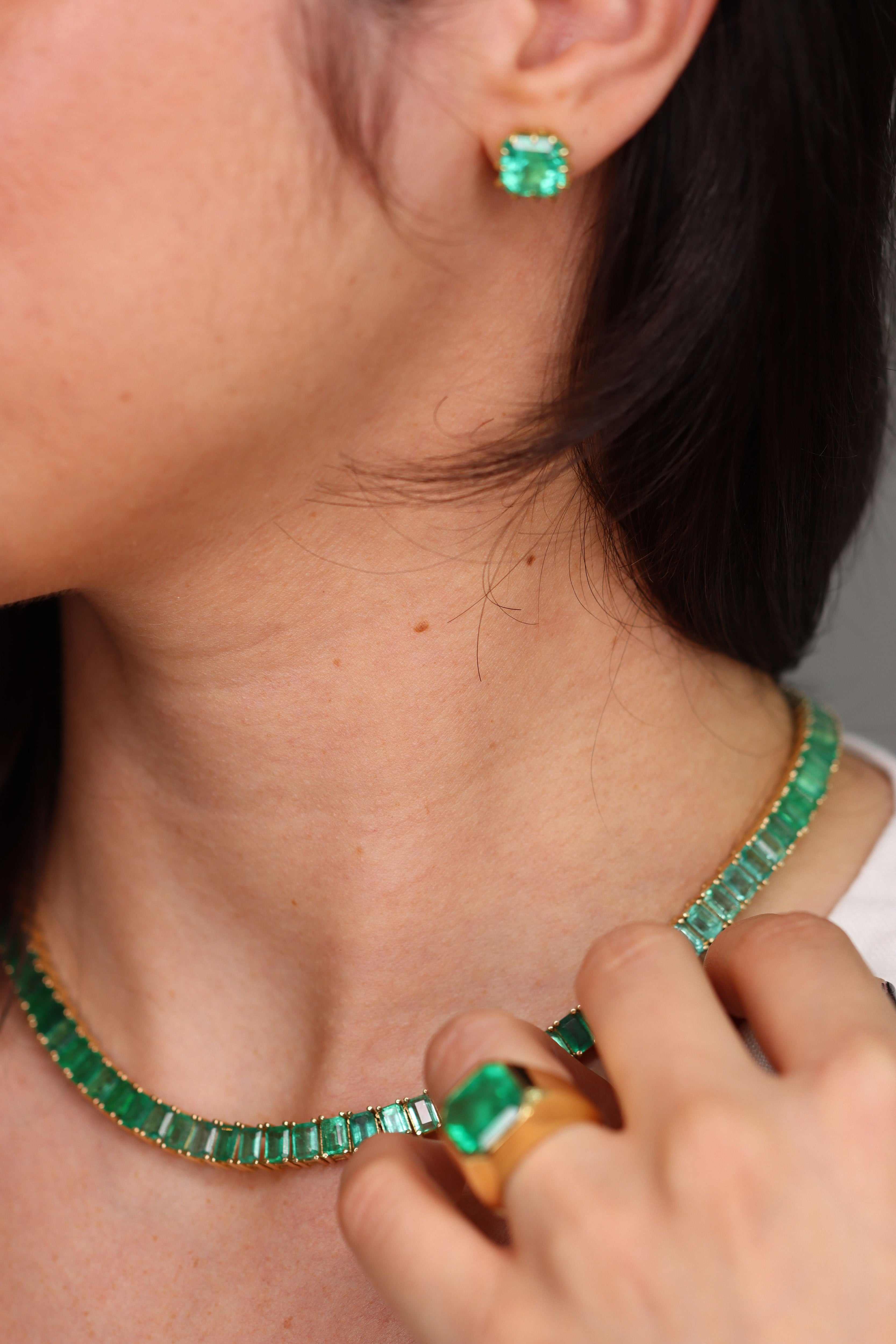 53tcw XL Emerald Cut Emerald Tennis Necklace 14K 16.25 Inches - JR Colombian Emeralds