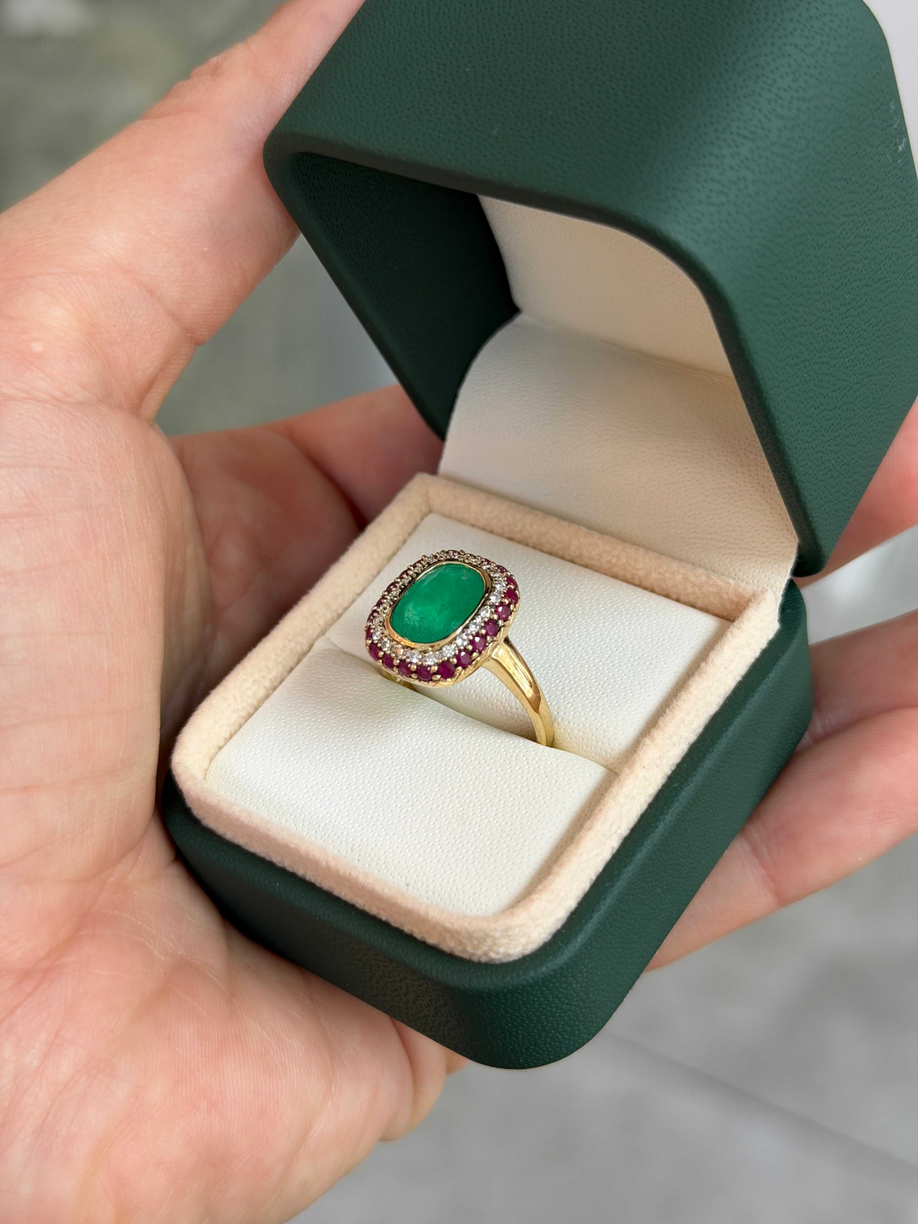 3.51tcw Cushion Cut Colombian Emerald & Ruby + Diamond Halo 14K Ring - JR Colombian Emeralds
