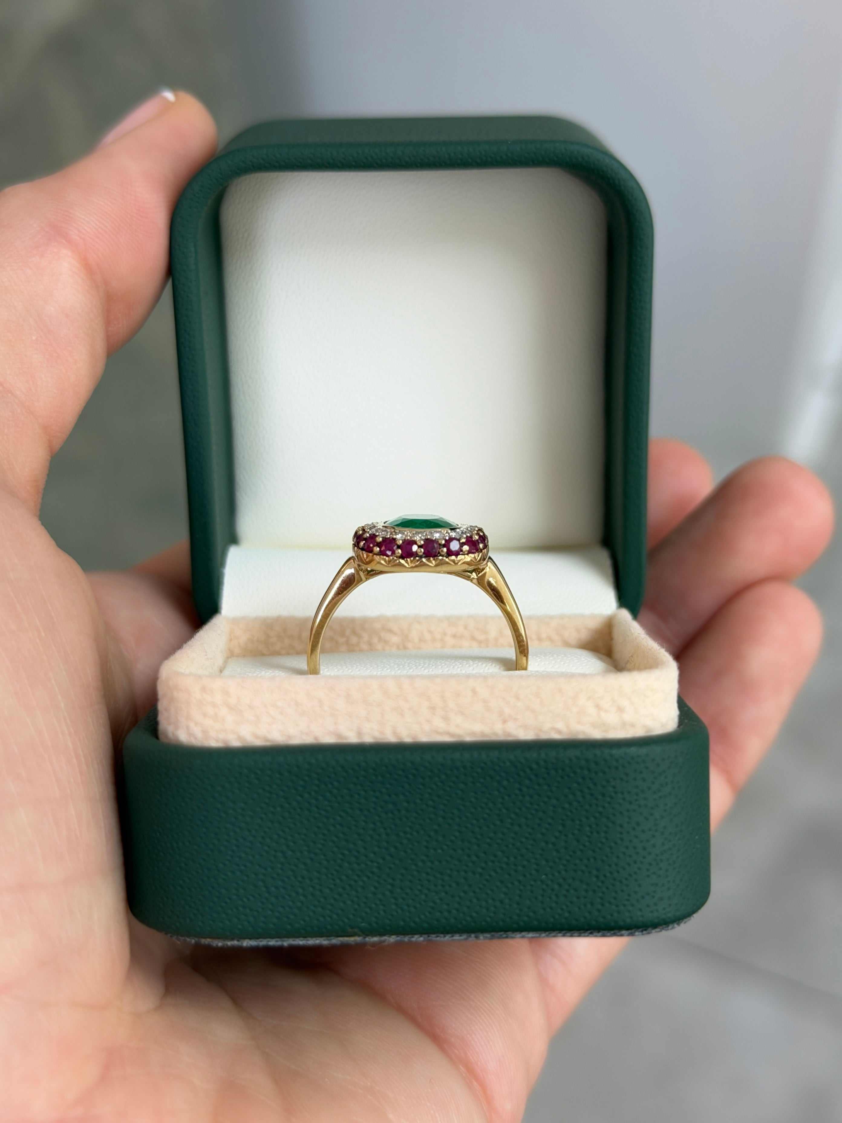 3.51tcw Cushion Cut Colombian Emerald & Ruby + Diamond Halo 14K Ring - JR Colombian Emeralds