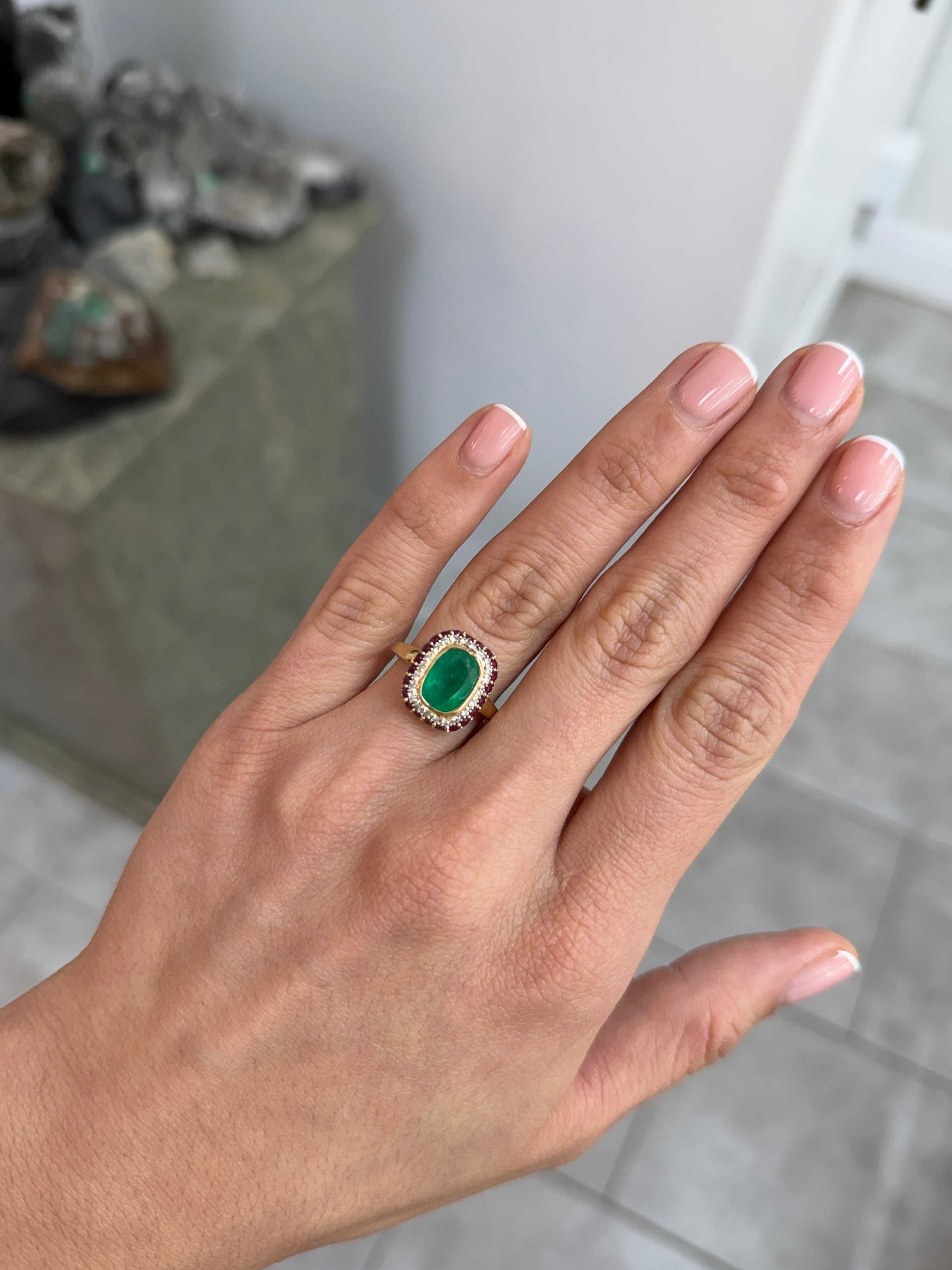 3.51tcw Cushion Cut Colombian Emerald & Ruby + Diamond Halo 14K Ring - JR Colombian Emeralds