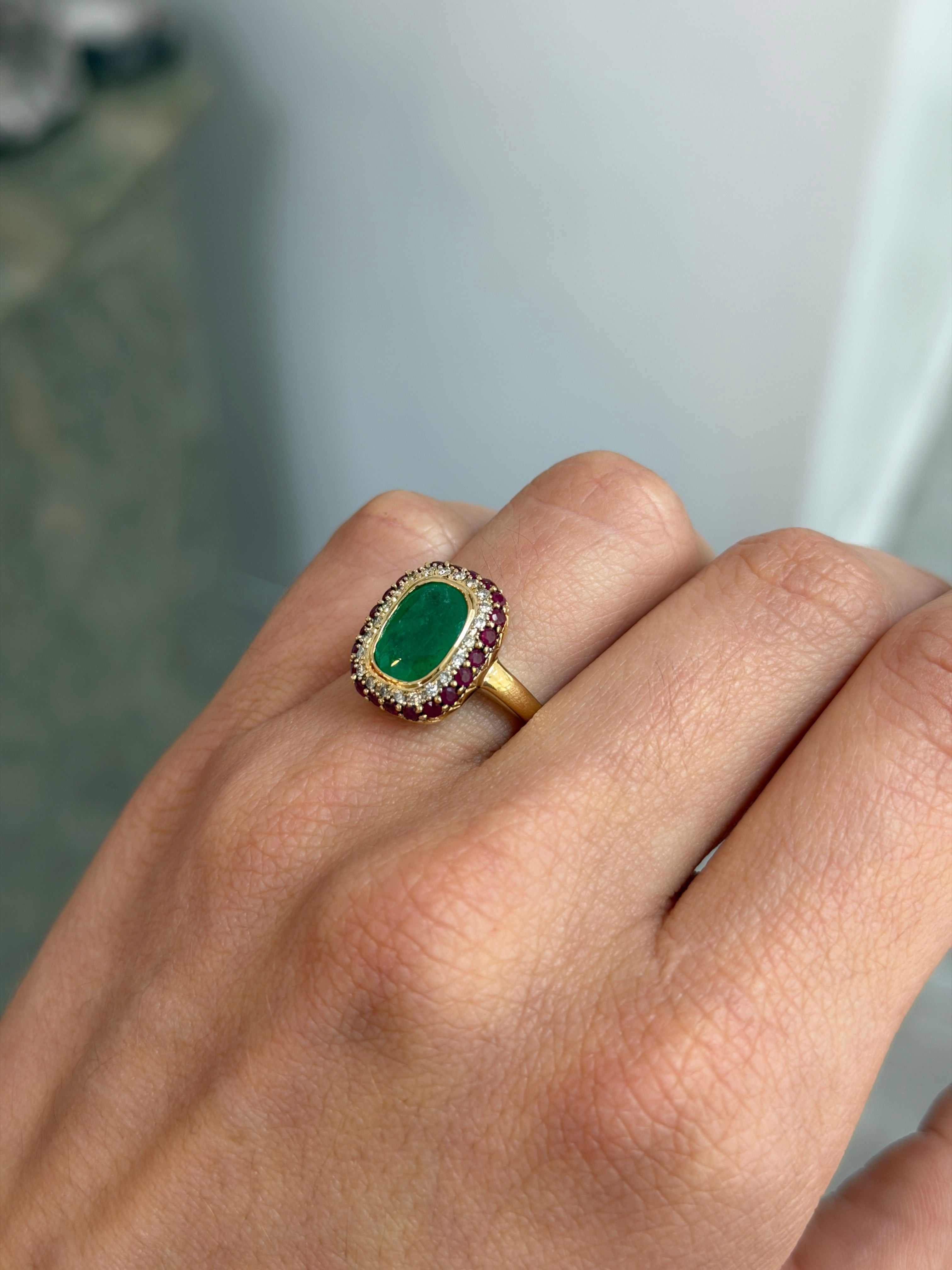 3.51tcw Cushion Cut Colombian Emerald & Ruby + Diamond Halo 14K Ring - JR Colombian Emeralds