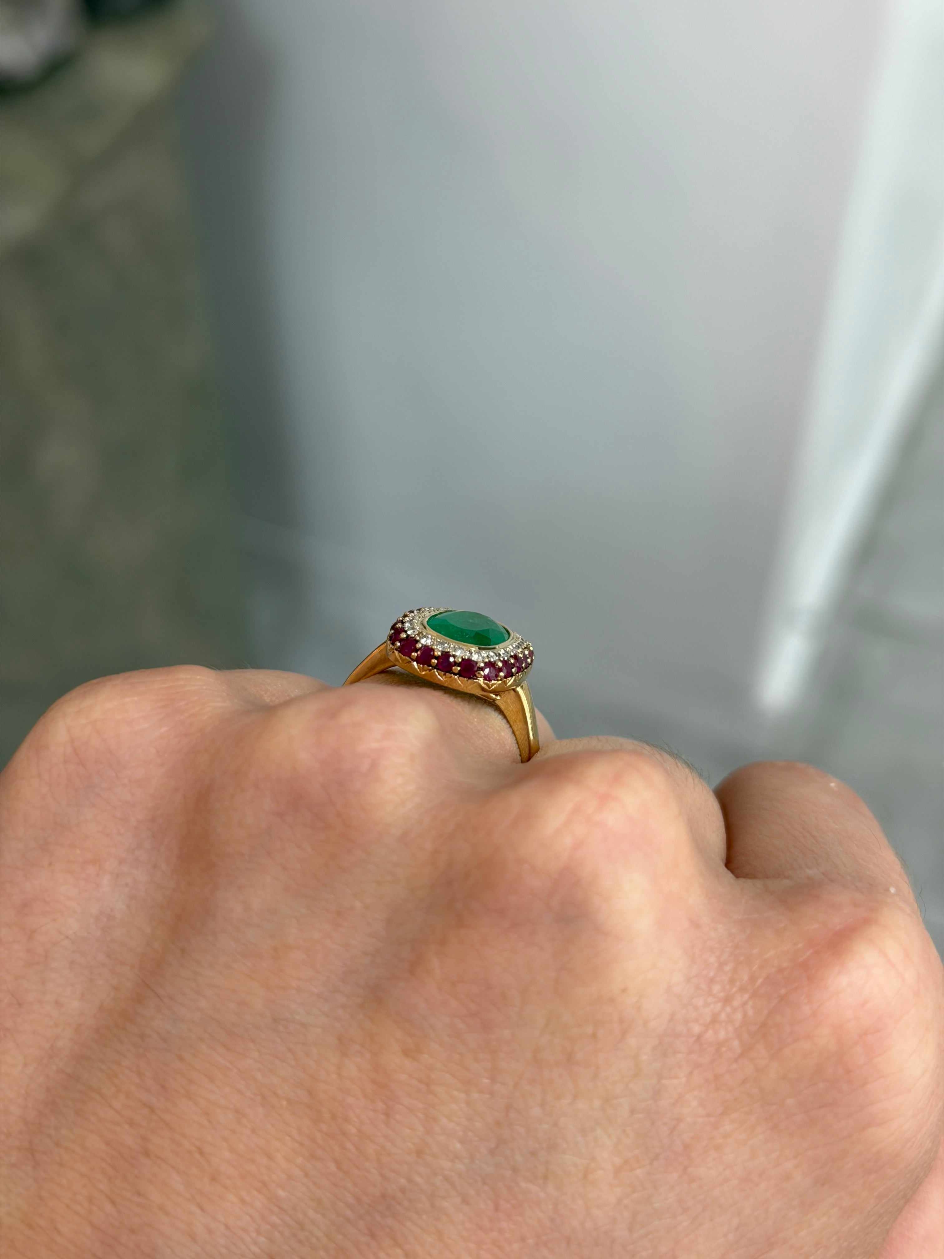 3.51tcw Cushion Cut Colombian Emerald & Ruby + Diamond Halo 14K Ring - JR Colombian Emeralds