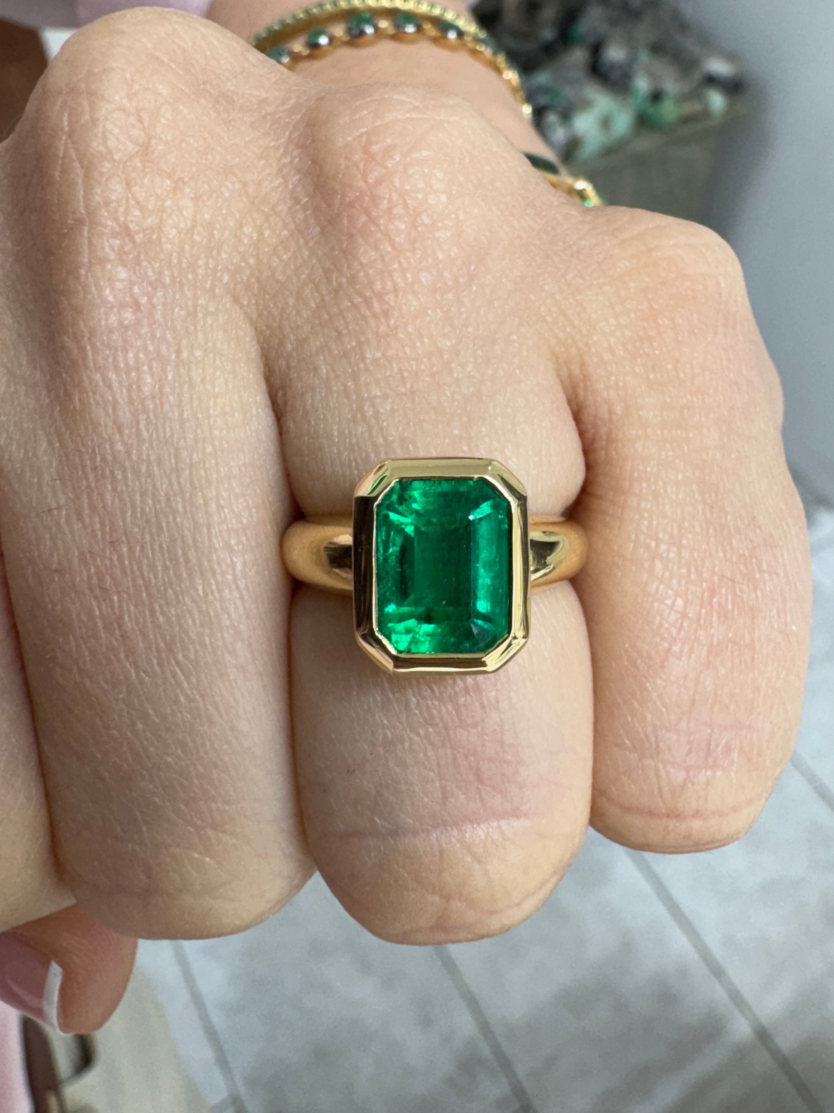 3.92cts Bezel Set AAA Minor Oil Colombian Emerald-Emerald Cut Solitaire 18K Gold Ring