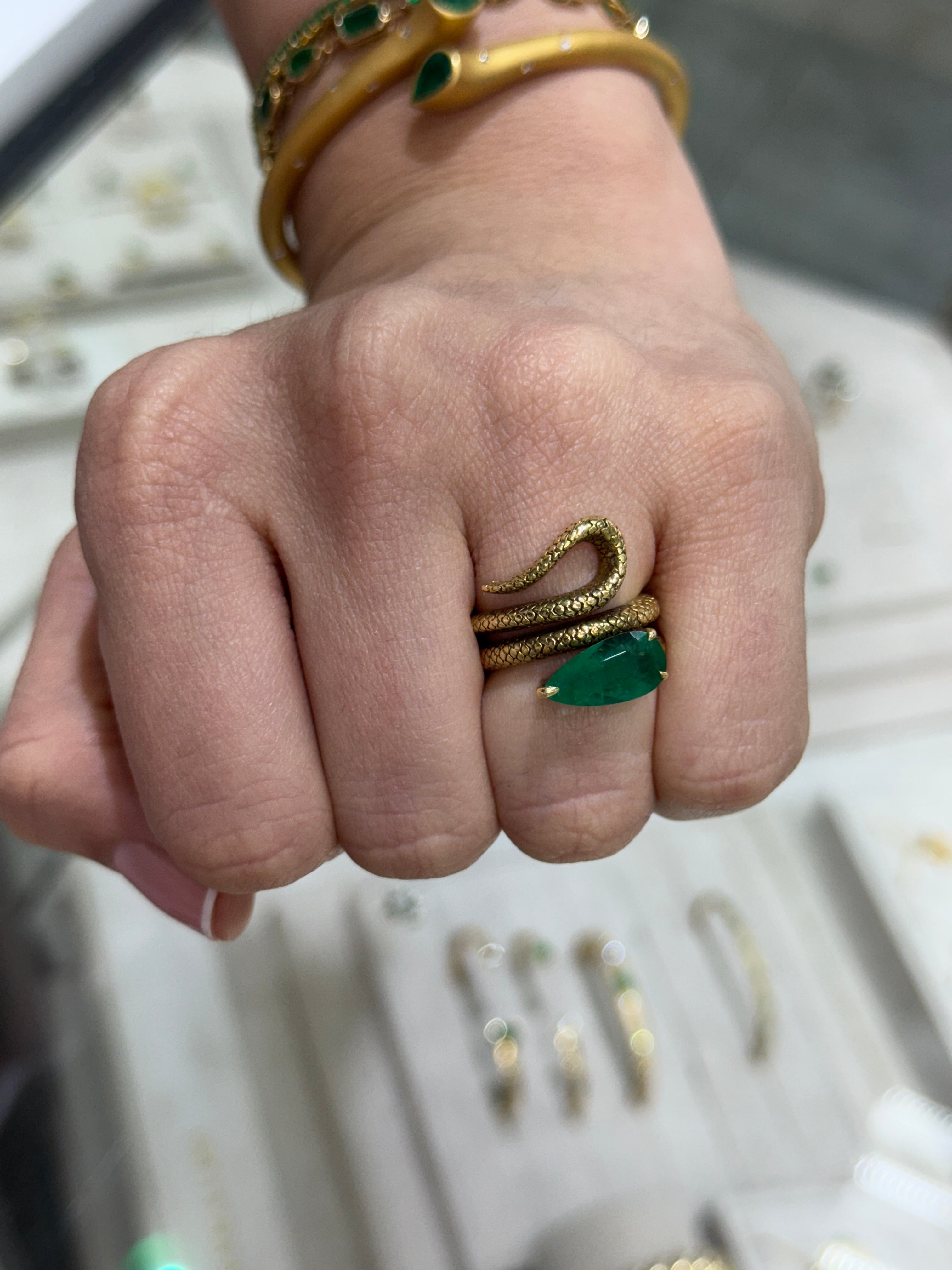 2.18ct 18K AAA Quality Colombian Emerald-Pear Cut Gold Wrapping Snake Ring