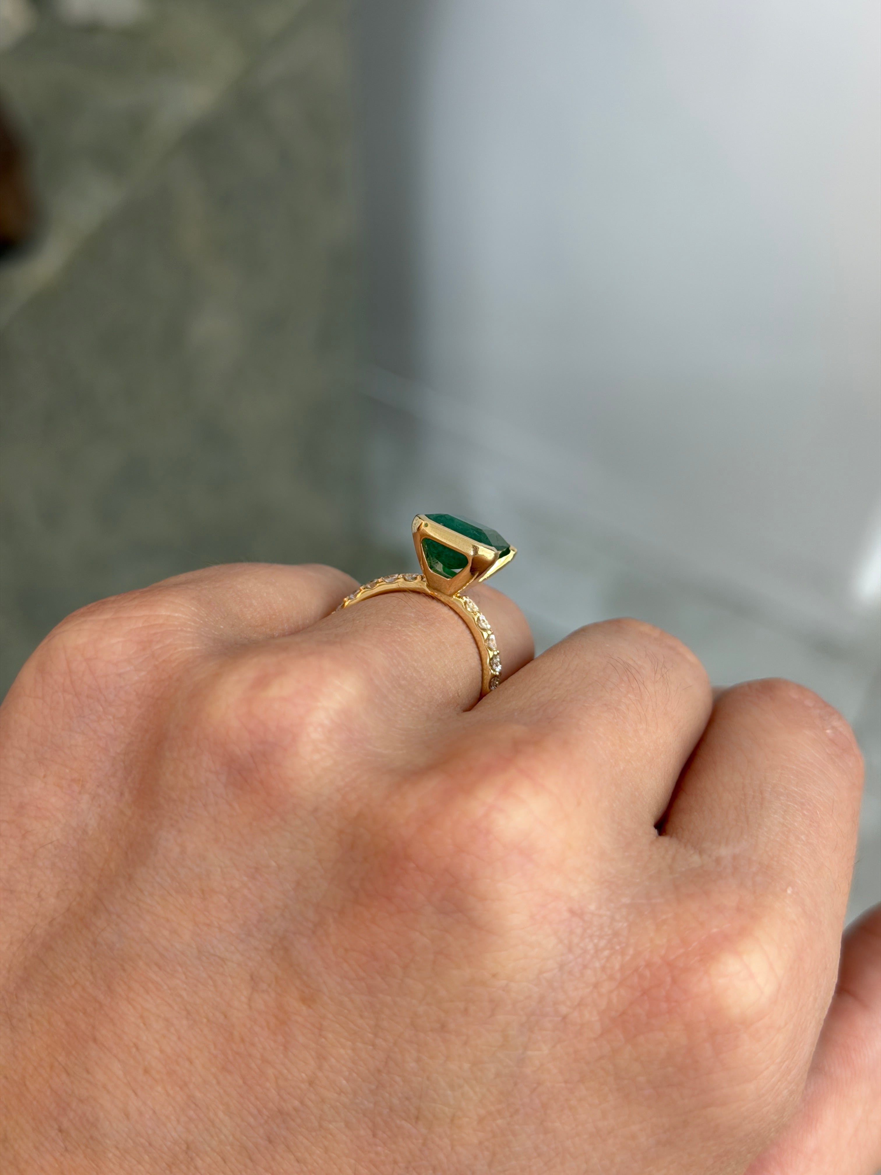 3.69tcw Stacking Friendly Semi Bezel Natural Emerald Solitaire with Diamond Accents 14K