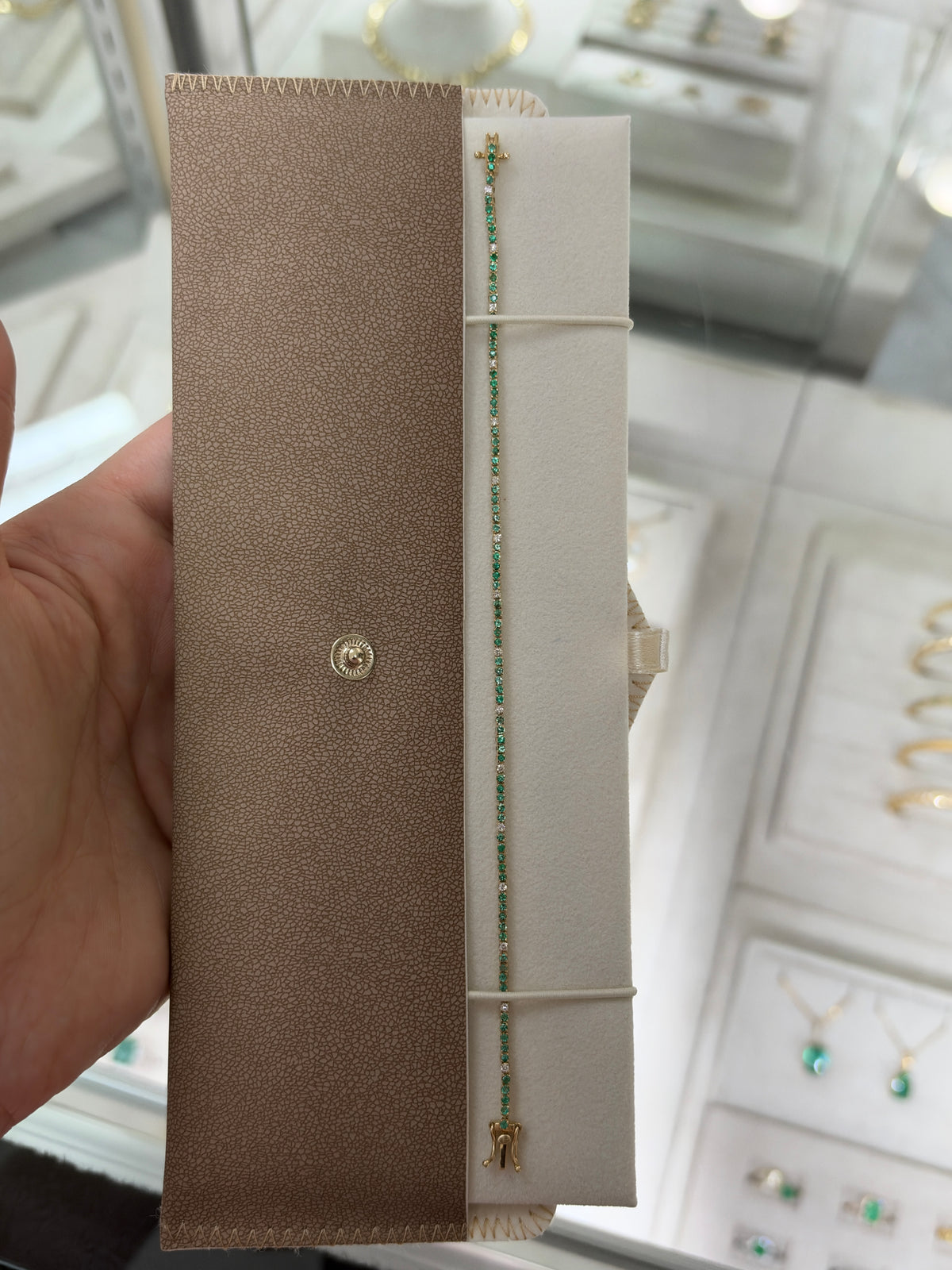Petite 1.14tcw emerald and diamond tennis bracelet in 14K yellow gold, 7-inch length, by JR Colombian Emeralds.