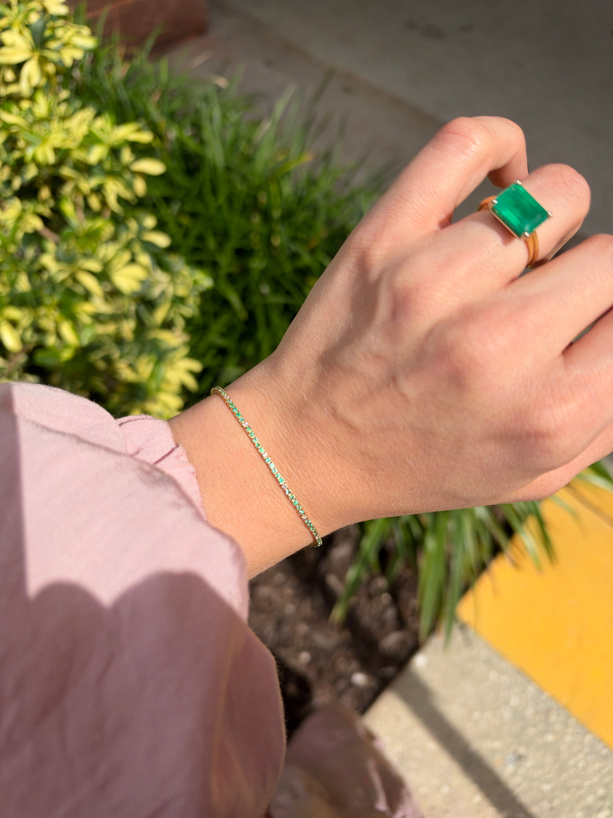 Petite 1.14tcw emerald and diamond tennis bracelet in 14K yellow gold, 7-inch length, by JR Colombian Emeralds.
