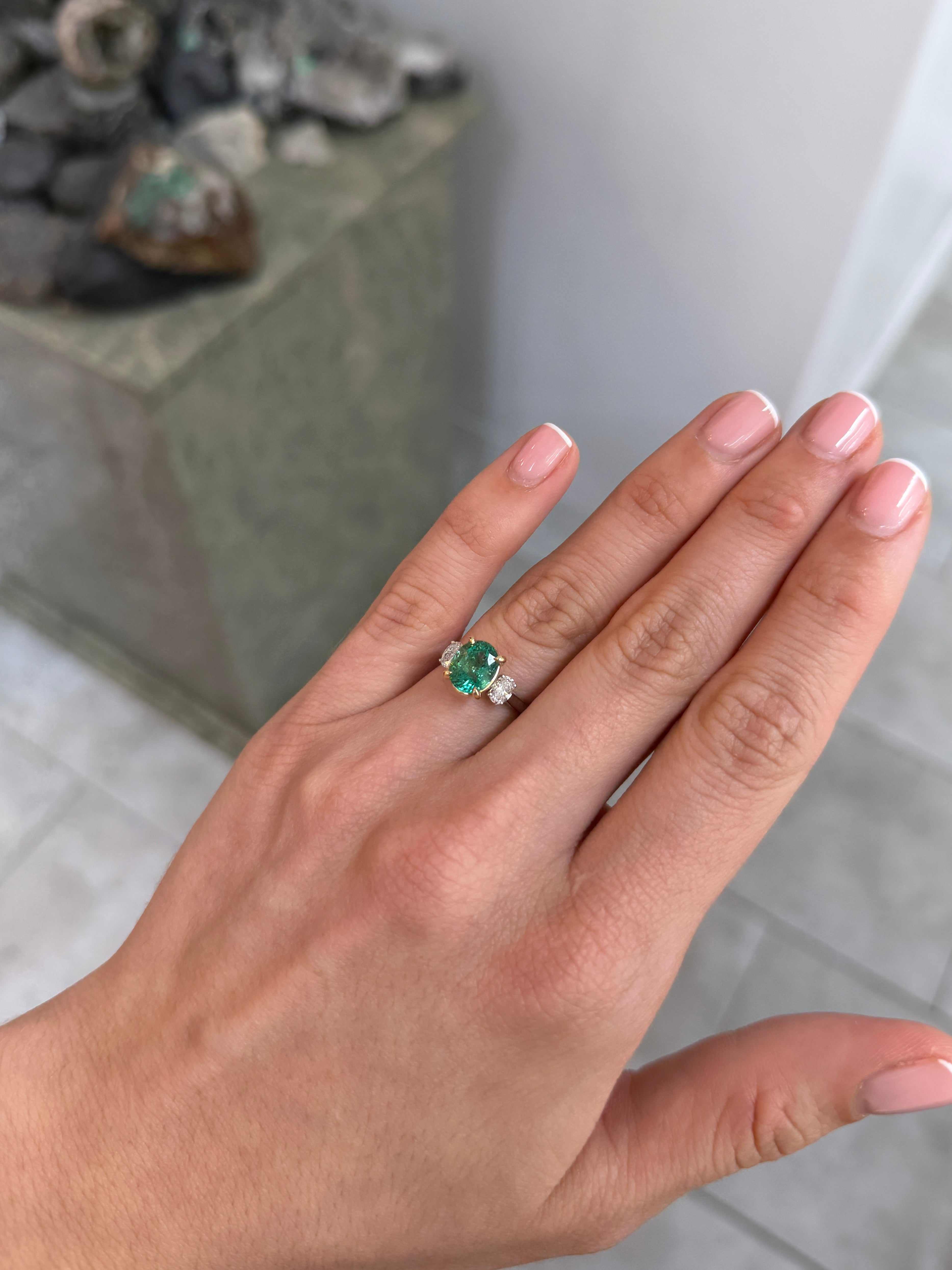 2.19tcw Vibrant Oval Emerald & Oval Lab Diamond Three Stone Engagement Ring Plat + 14K