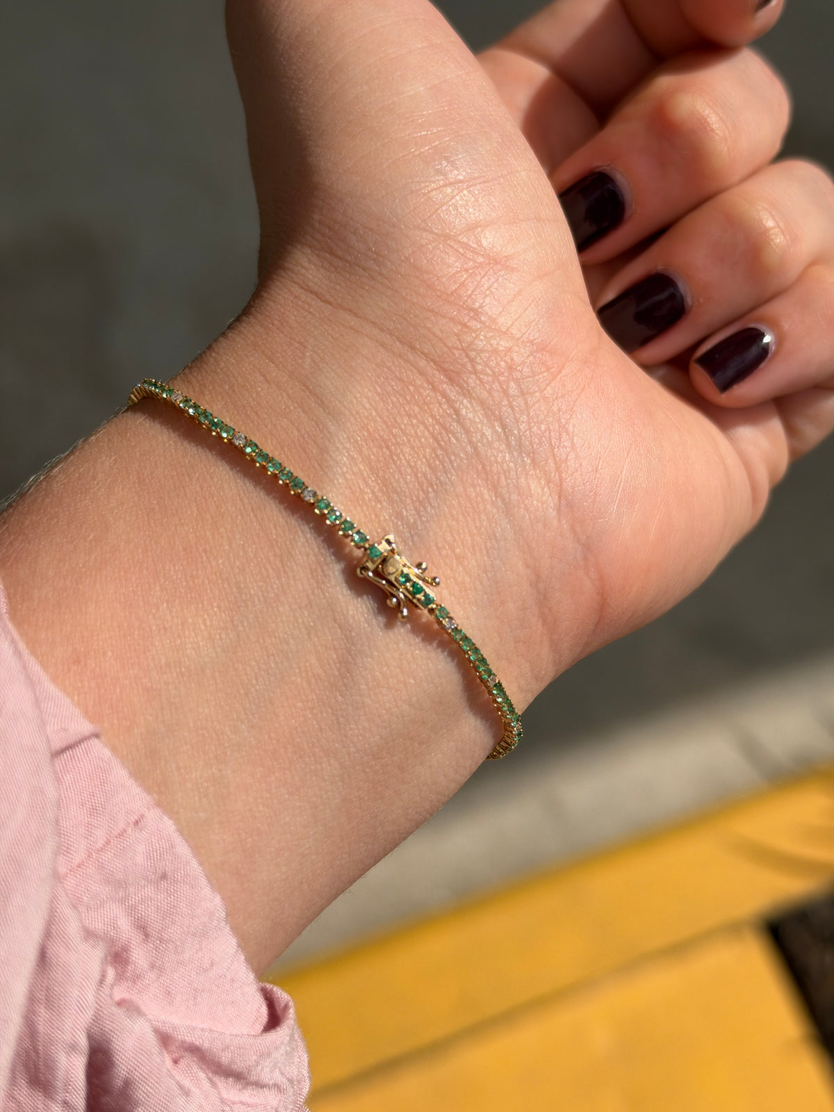 Petite 1.14tcw emerald and diamond tennis bracelet in 14K yellow gold, 7-inch length, crafted by JR Colombian Emeralds.
