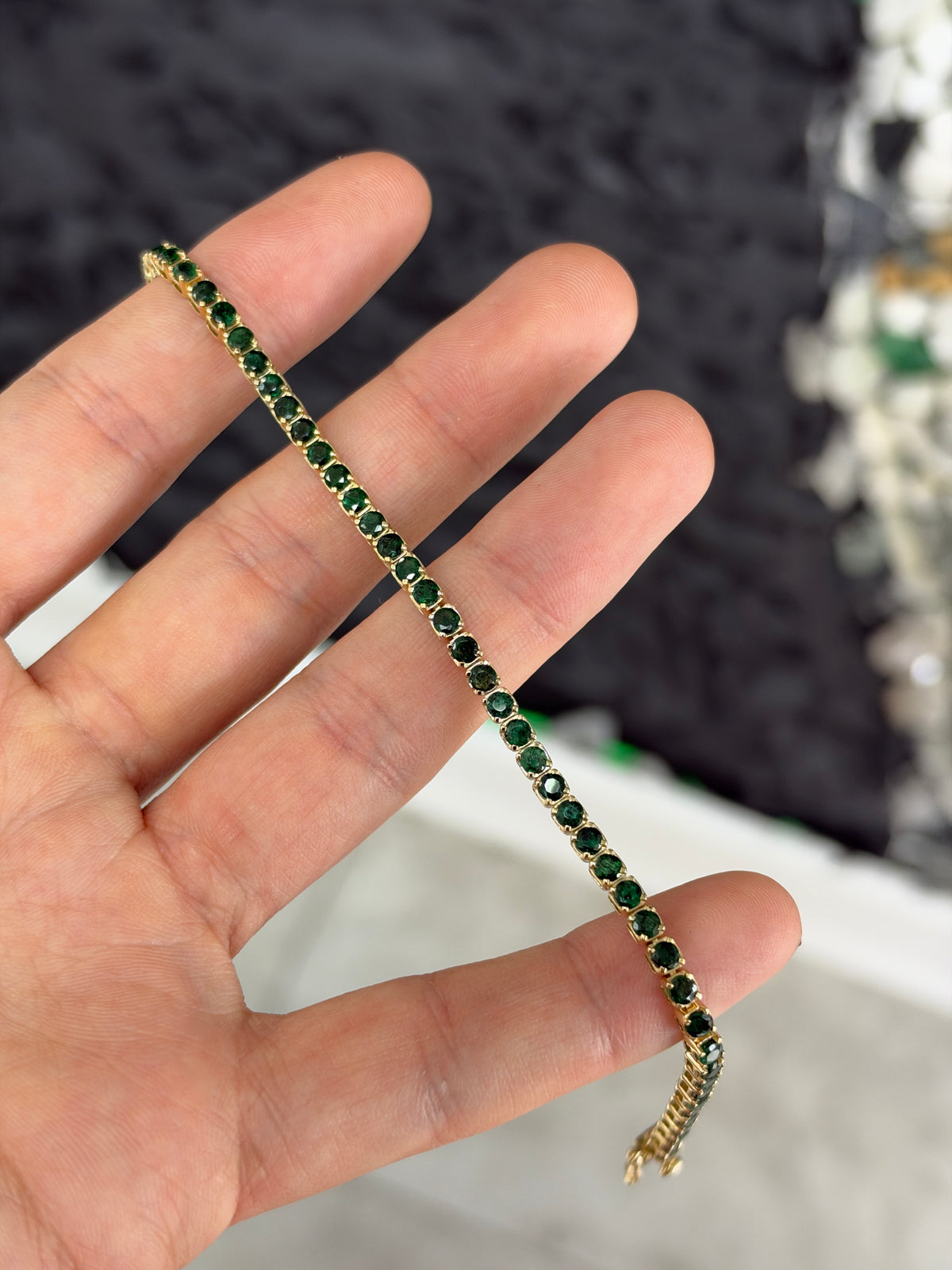 Natural dark green emerald tennis bracelet with 4.67tcw in 14K gold, 7-inch length, by JR Colombian Emeralds.