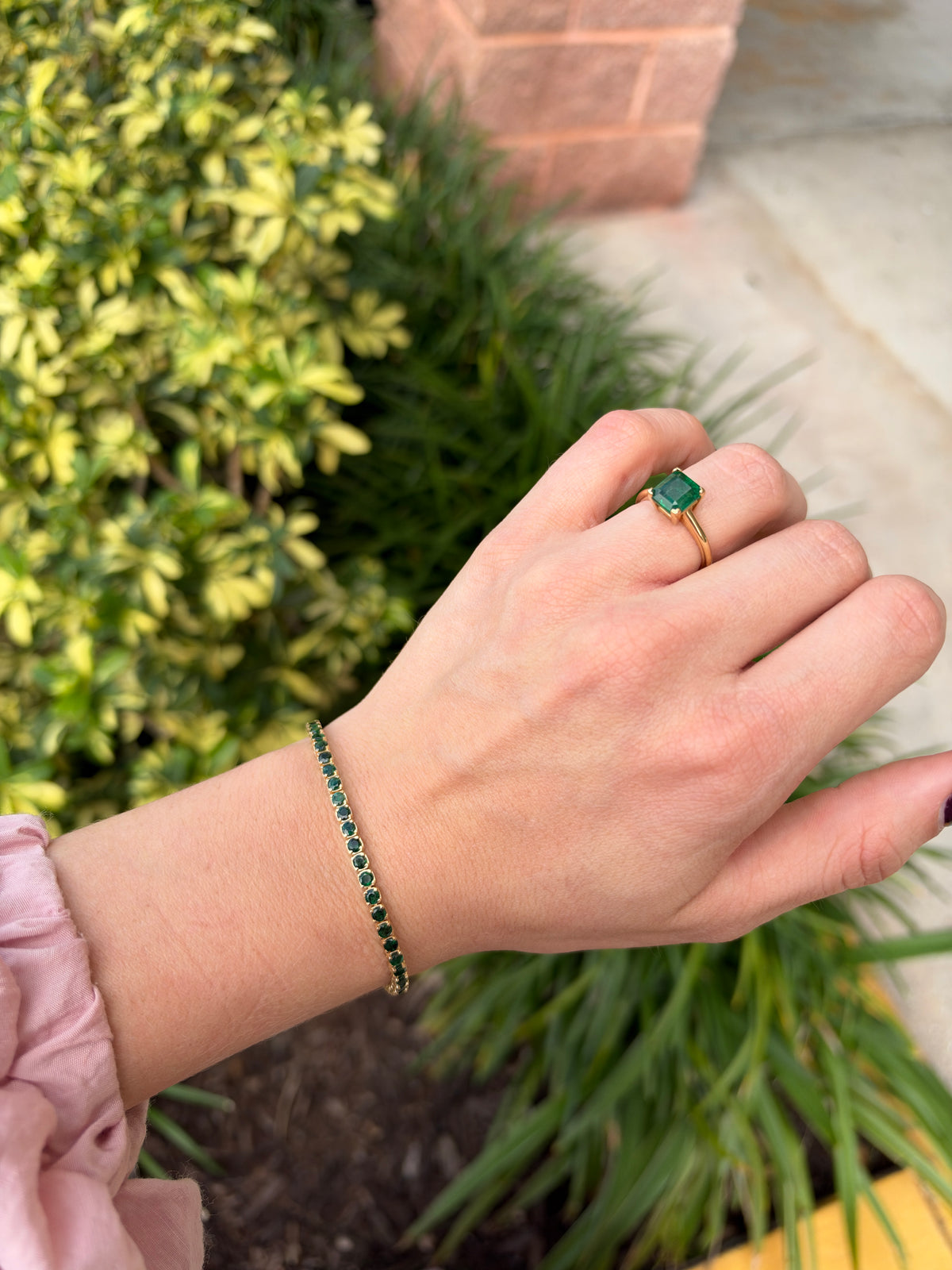 Dark green emerald tennis bracelet with 4.67tcw in 14K gold, 7-inch length, from JR Colombian Emeralds.