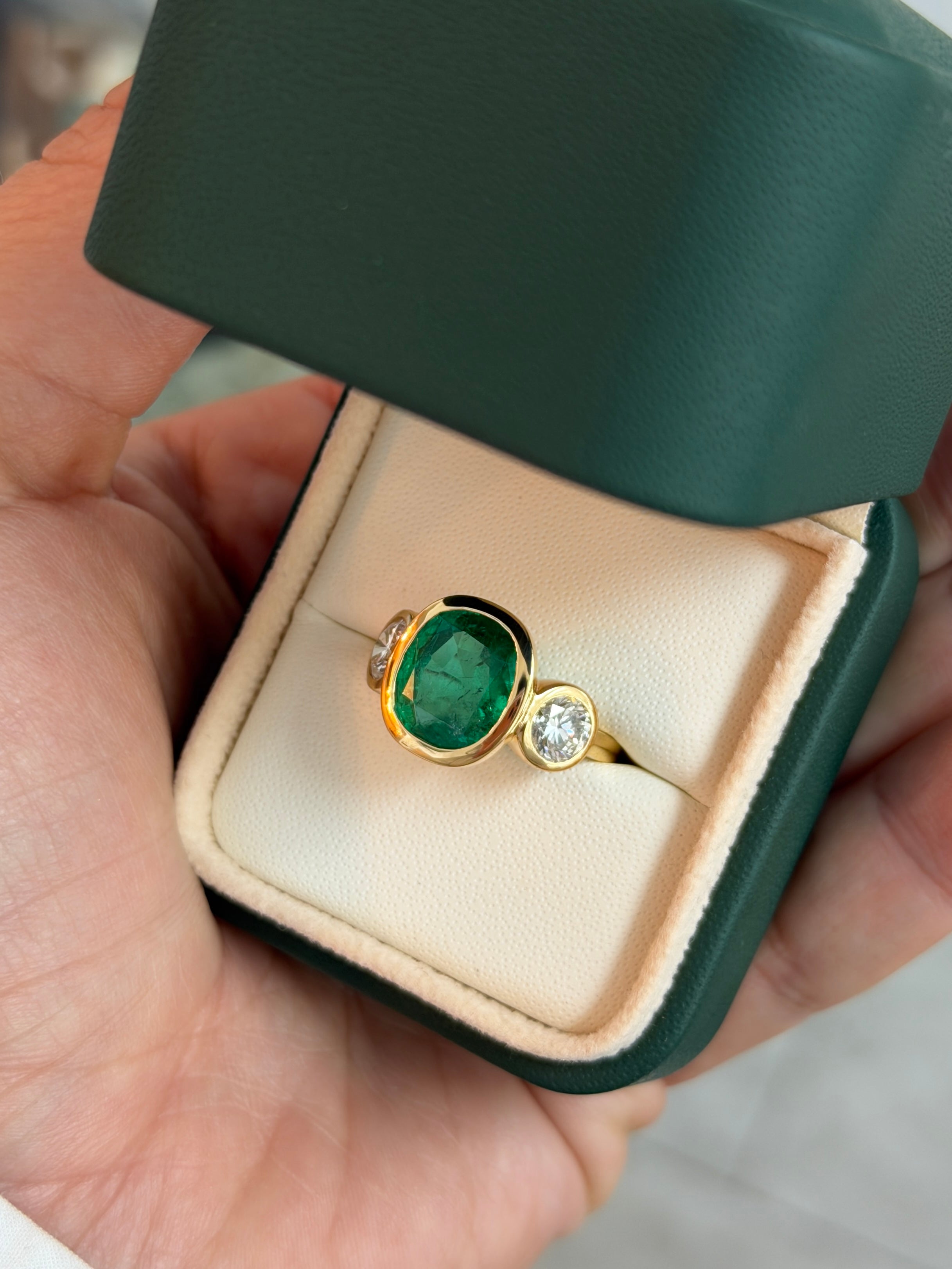 7.33tcw 18K Exclusive Cushion Colombian Emerald & Brilliant Round Diamond Three Stone Ring