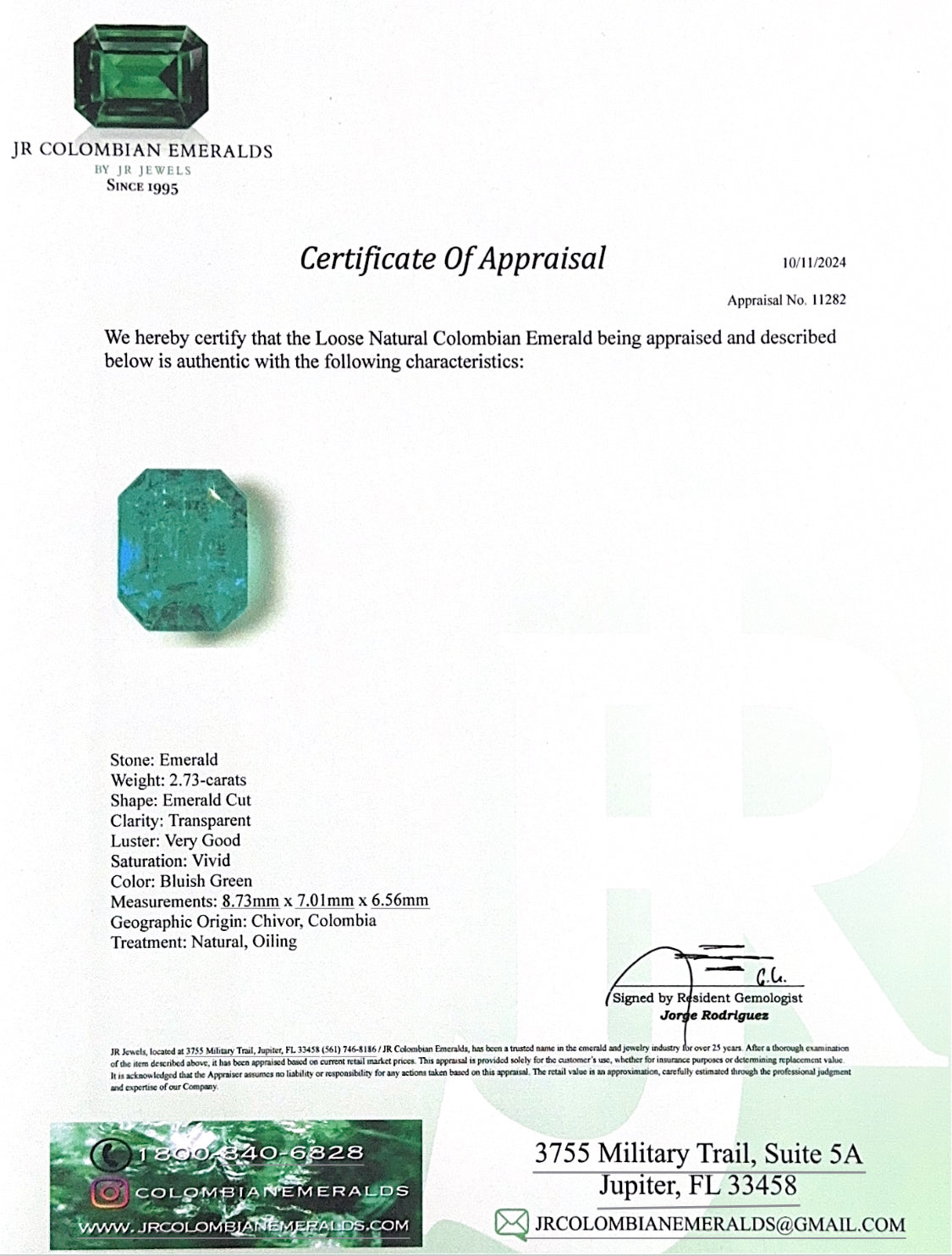 2.73 Carat 9x7 Fine Bluish Green Natural Loose Colombian Emerald- Emerald Cut - JR Colombian Emeralds