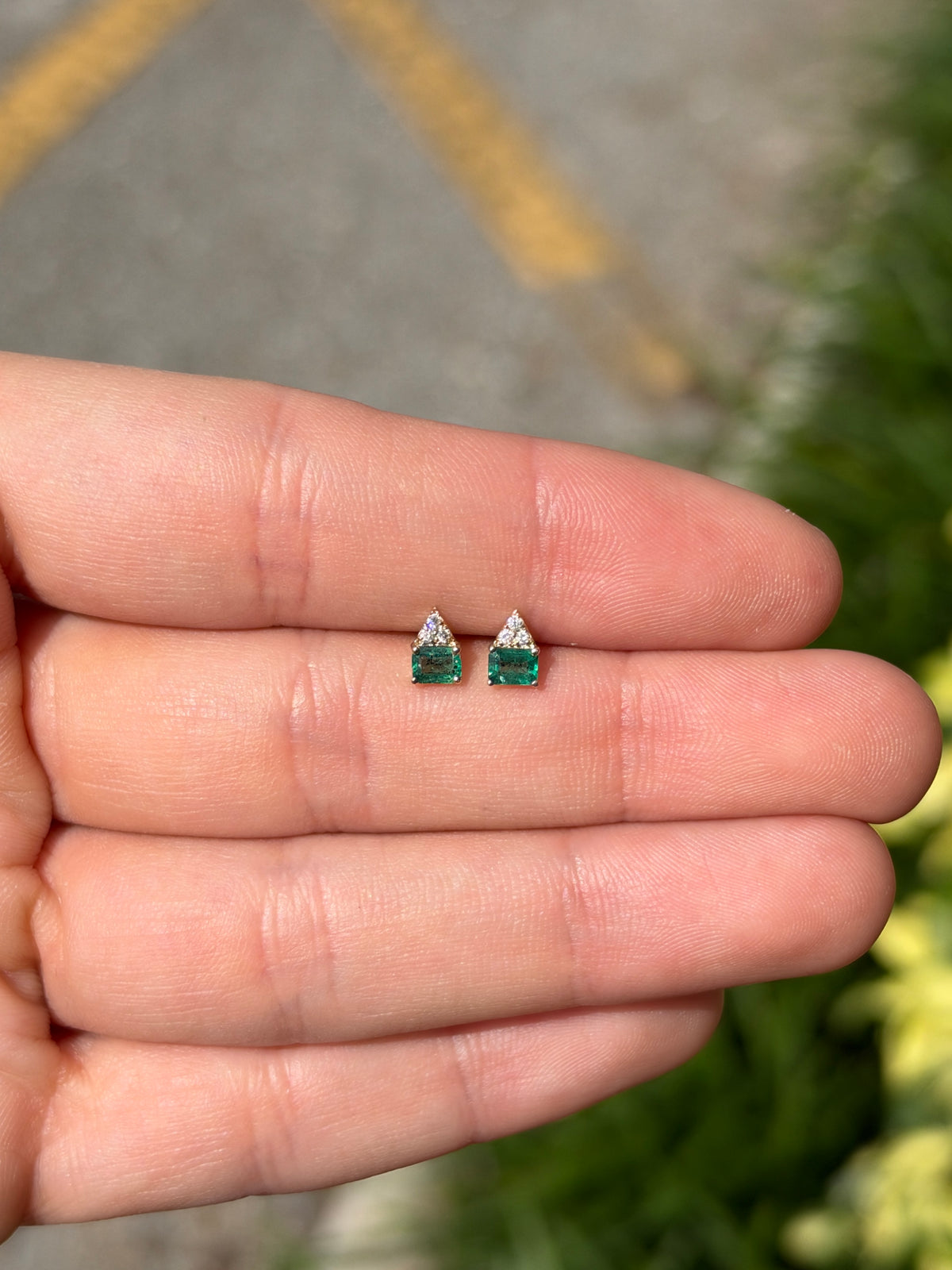 14K gold petite emerald and diamond trio stud earrings with natural green emeralds and sparkling diamonds, by JR Colombian Emeralds.