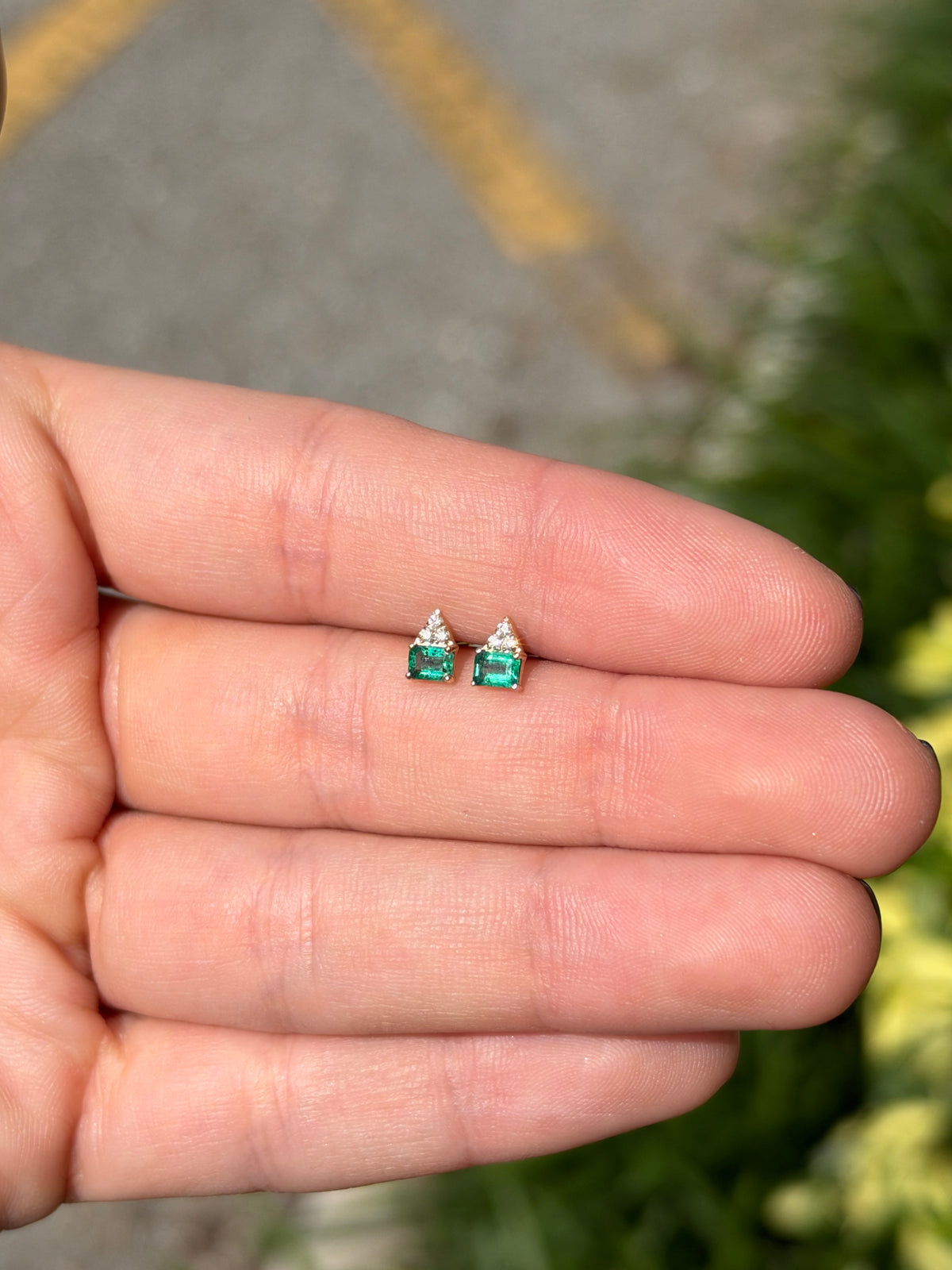 14K gold petite emerald and diamond trio stud earrings with 0.48 carats total weight from JR Colombian Emeralds.