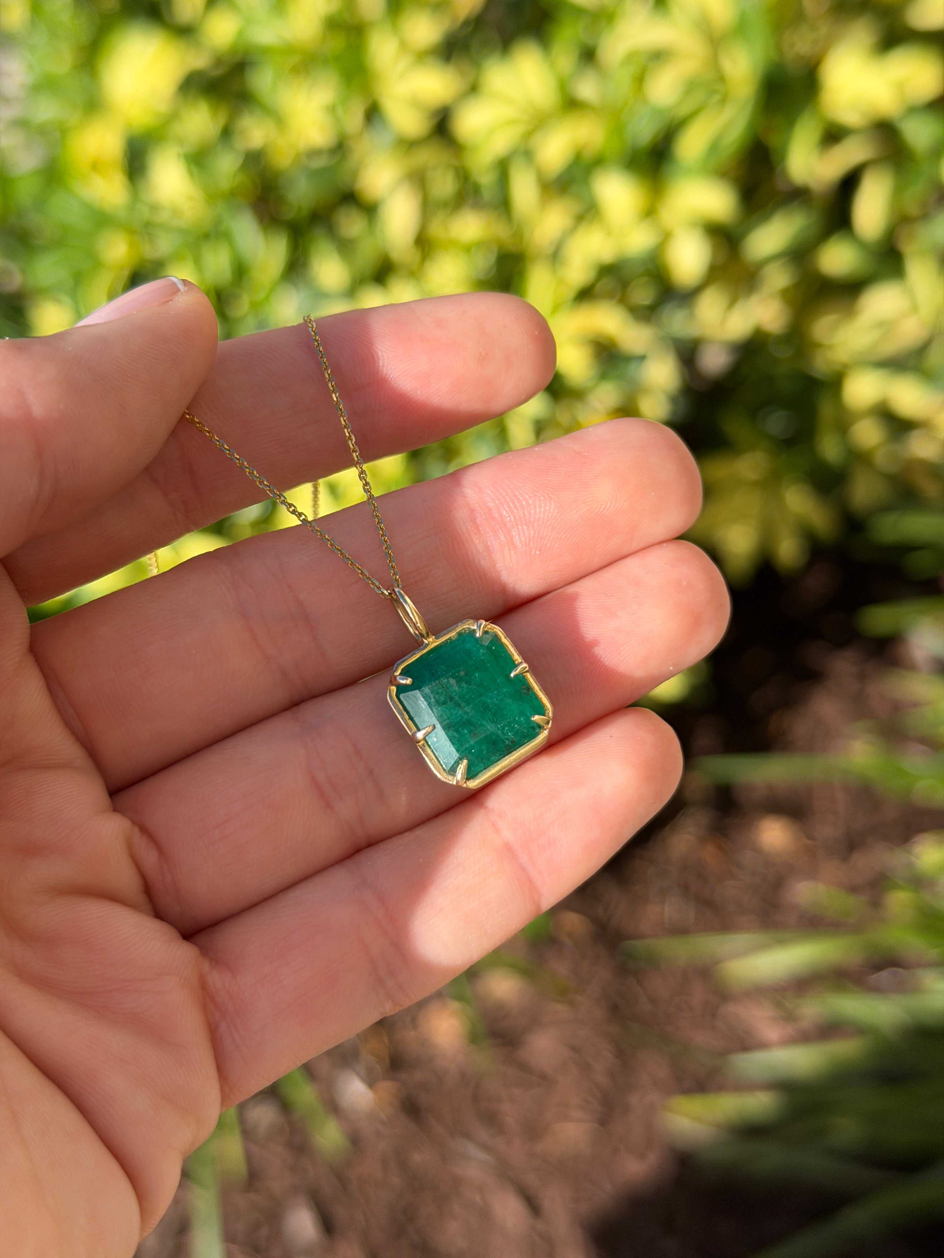 6.30 Carat Natural Dark Green Emerald Georgian Styled Solitaire Pendan