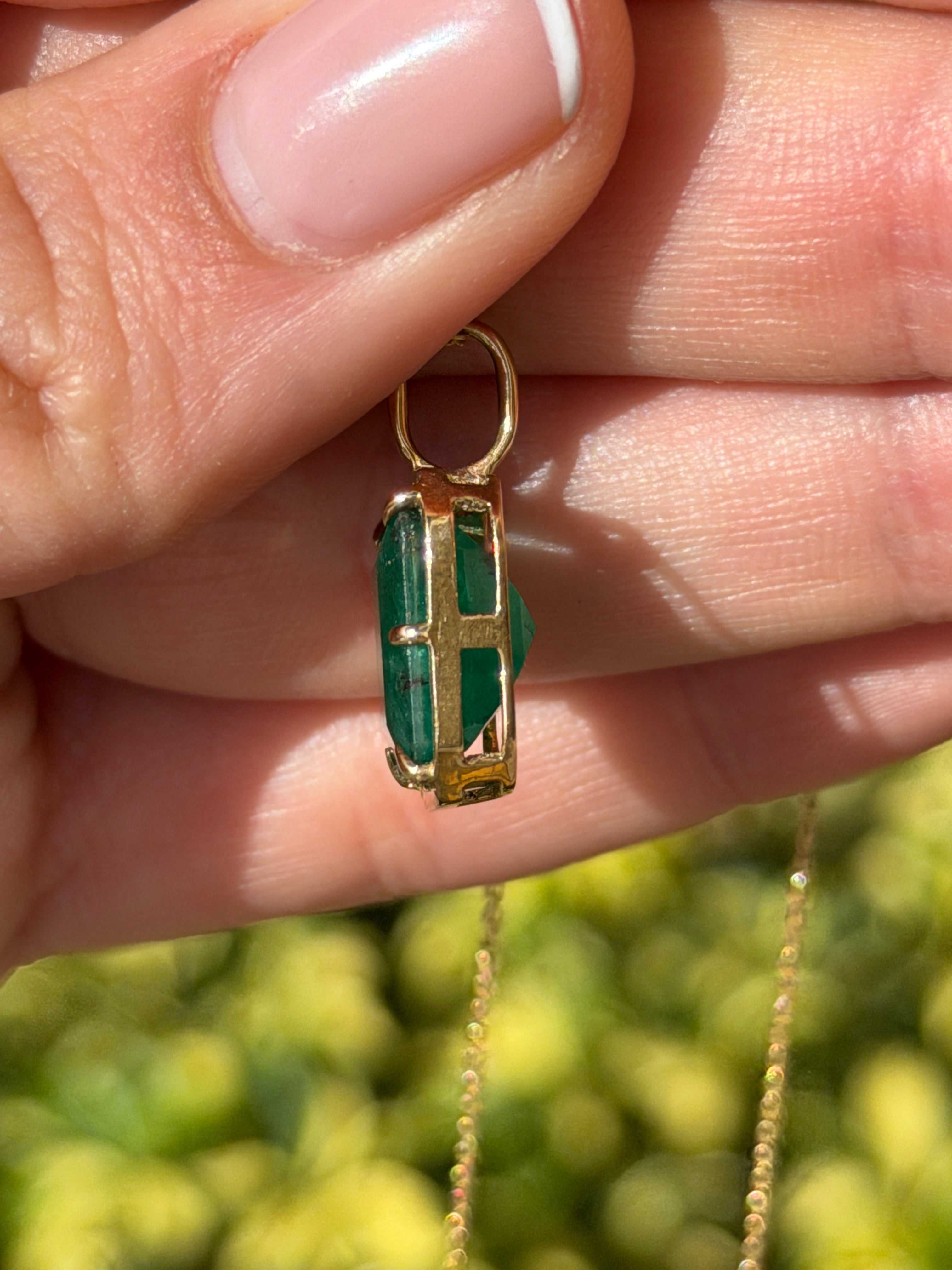 6.30 Carat Natural Dark Green Emerald Georgian Styled Solitaire Pendan