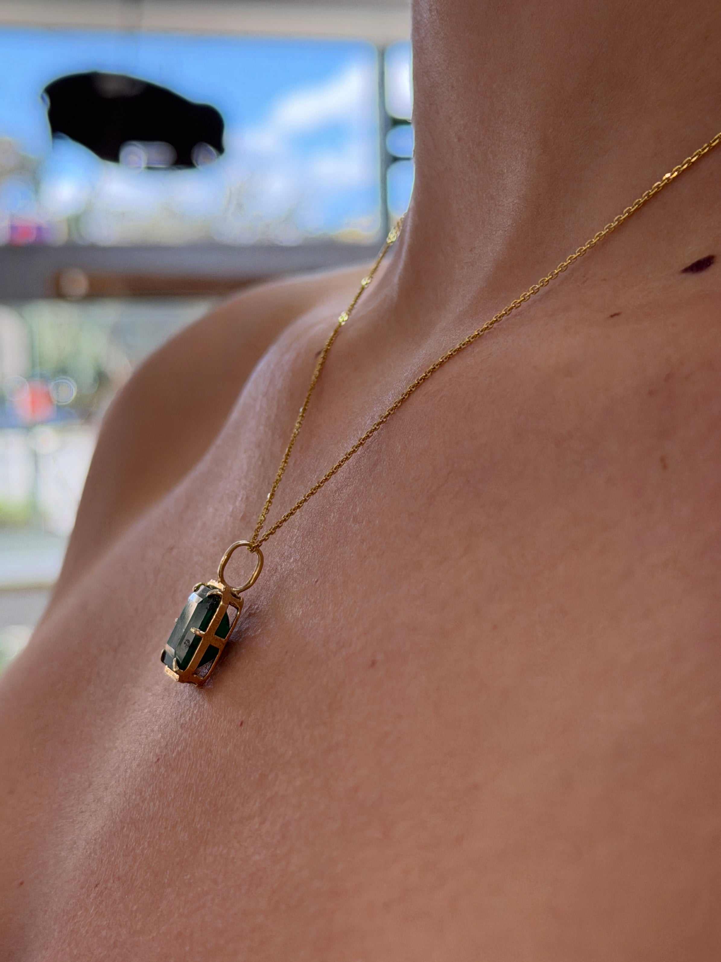 6.30 Carat Natural Dark Green Emerald Georgian Styled Solitaire Pendan