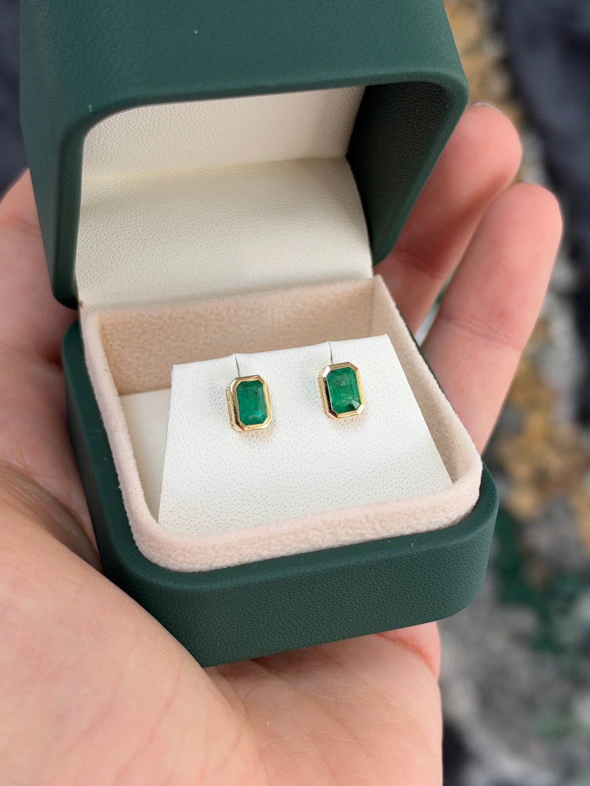 14K natural emerald cut emerald stud earrings with 1.20tcw bezel set by JR Colombian Emeralds.