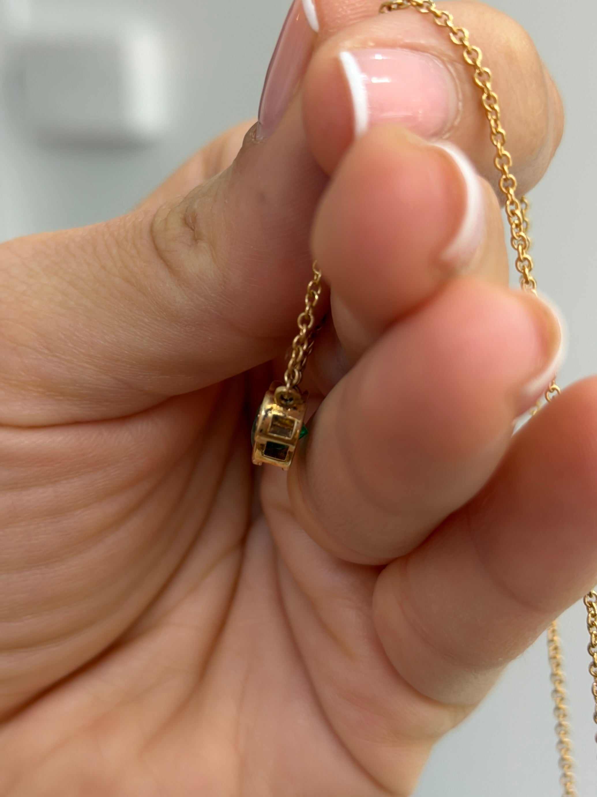 2.19tcw Bezel Set Oval Emerald & Round Diamond Three Stone Necklace 14K