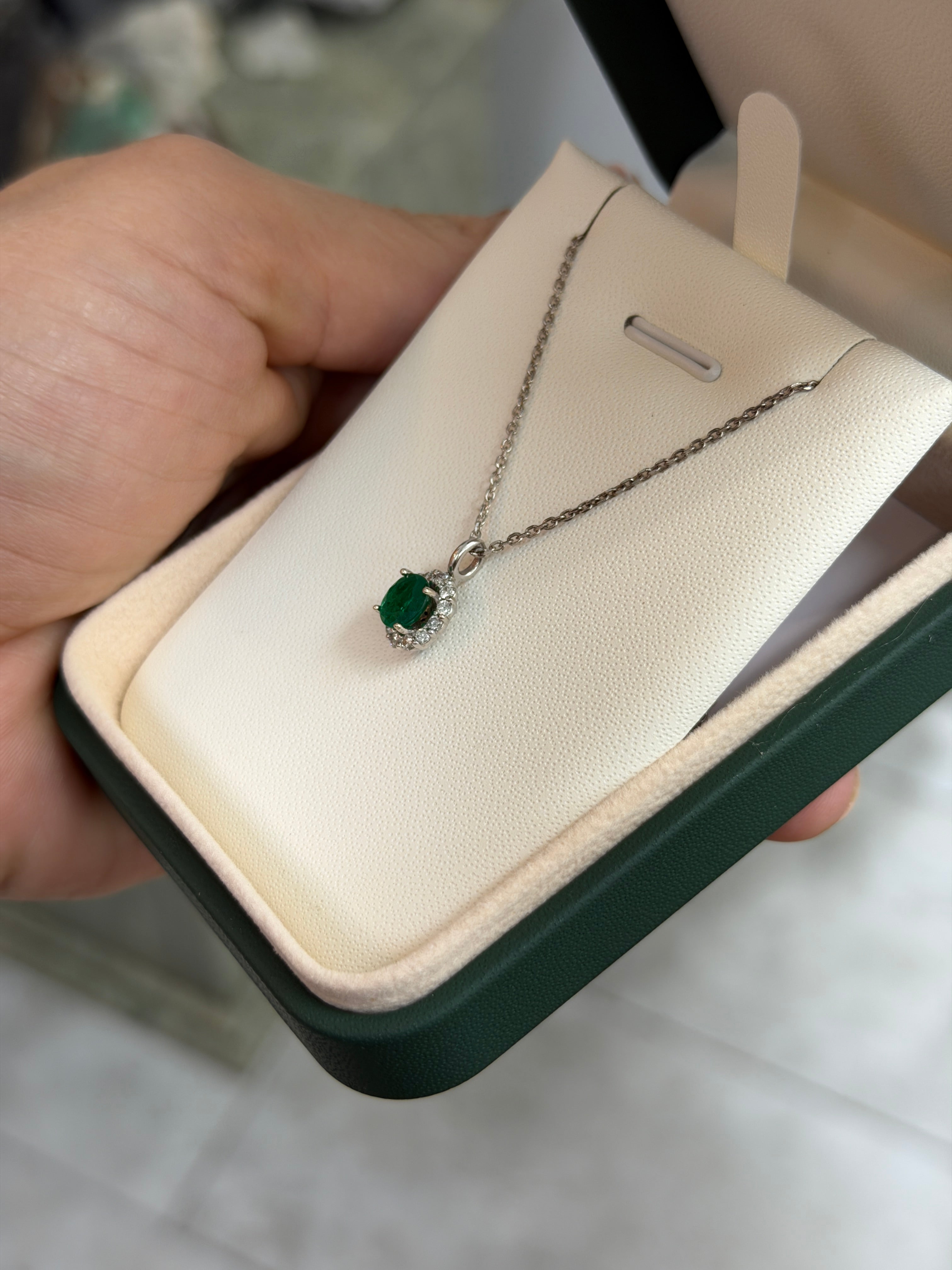 1.01tcw AAA+ Oval Colombian Emerald & Diamond Halo White Gold Necklace 14K - JR Colombian Emeralds