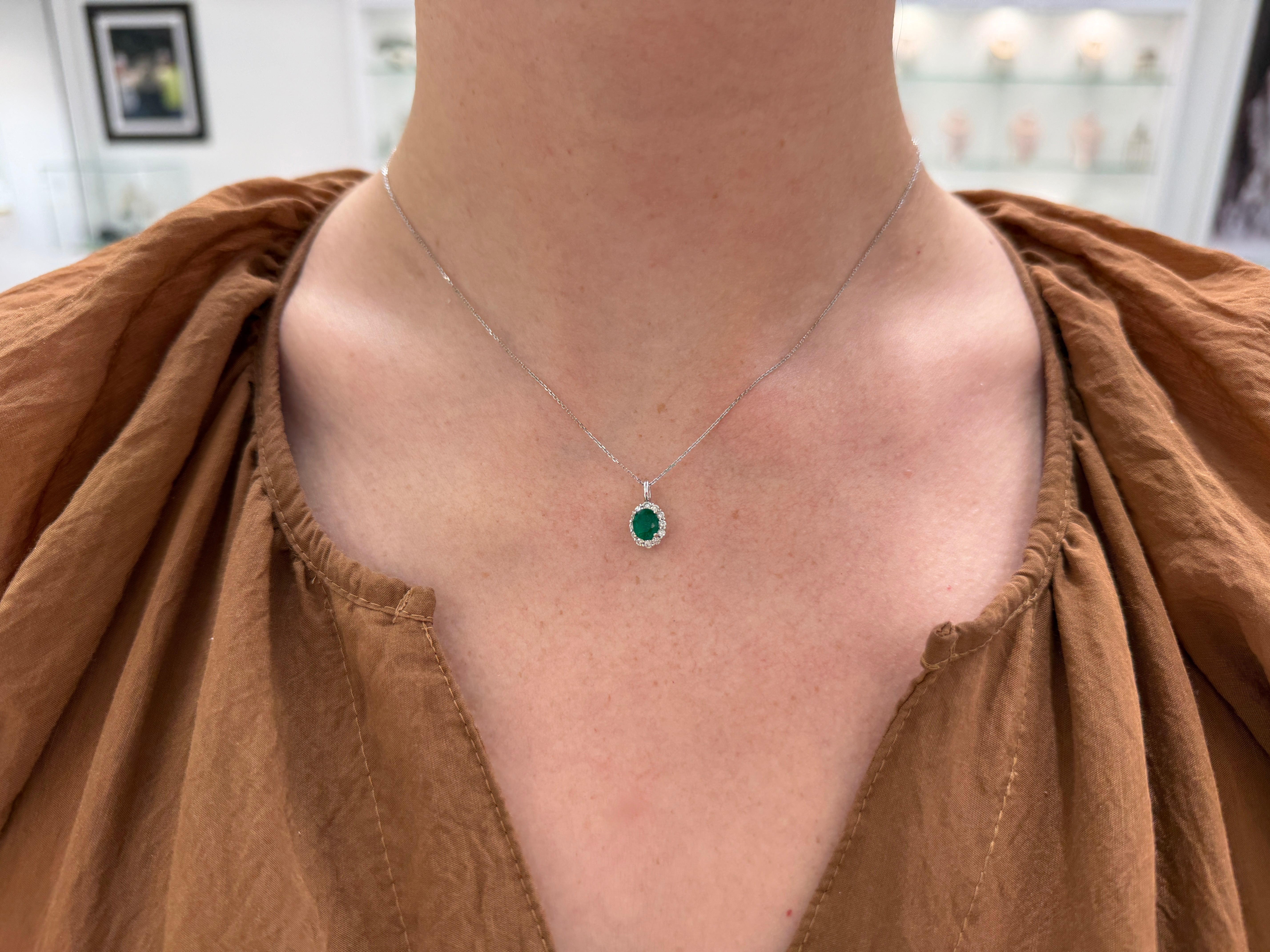 1.01tcw AAA+ Oval Colombian Emerald & Diamond Halo White Gold Necklace 14K - JR Colombian Emeralds