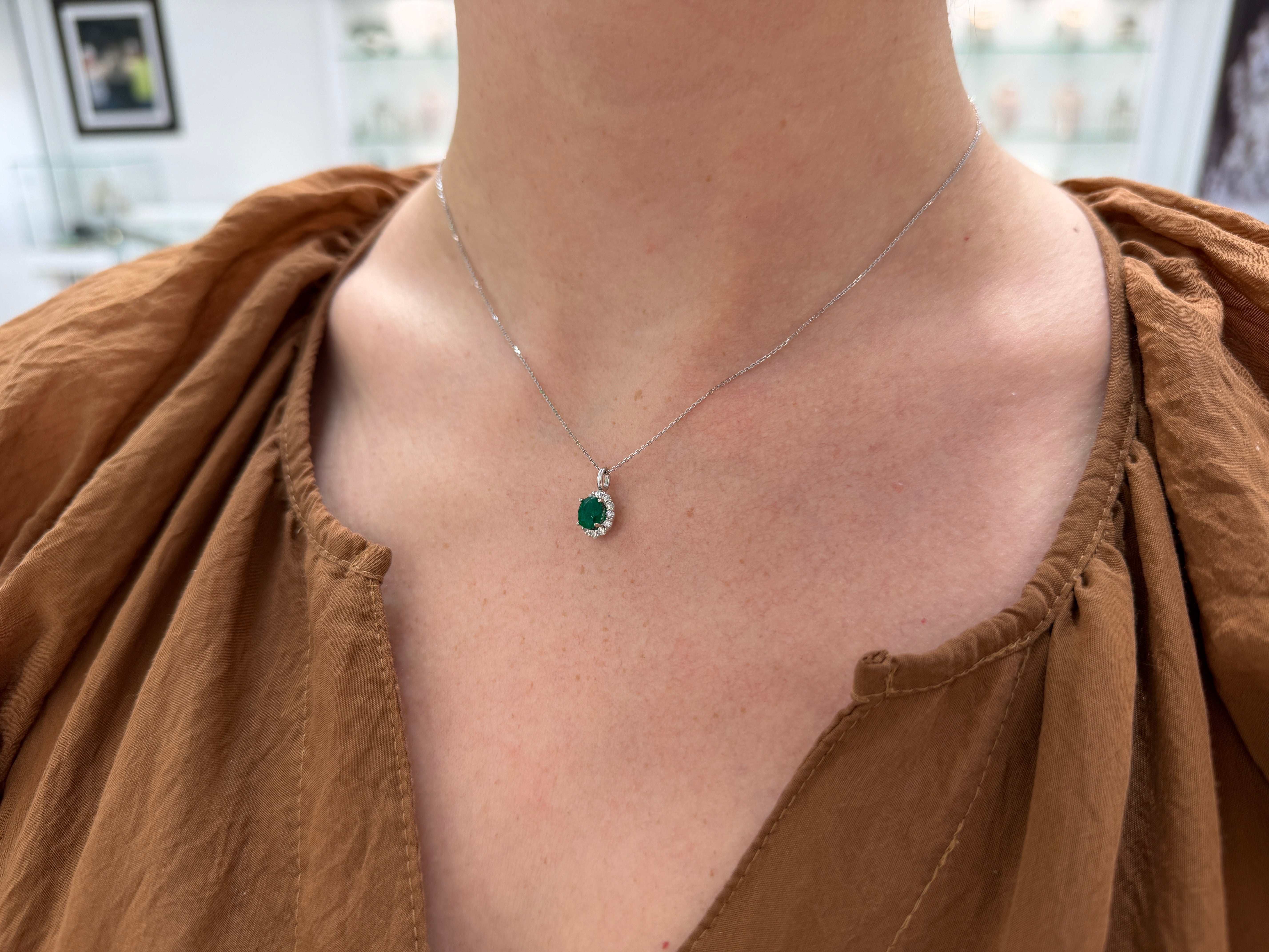 1.01tcw AAA+ Oval Colombian Emerald & Diamond Halo White Gold Necklace 14K - JR Colombian Emeralds