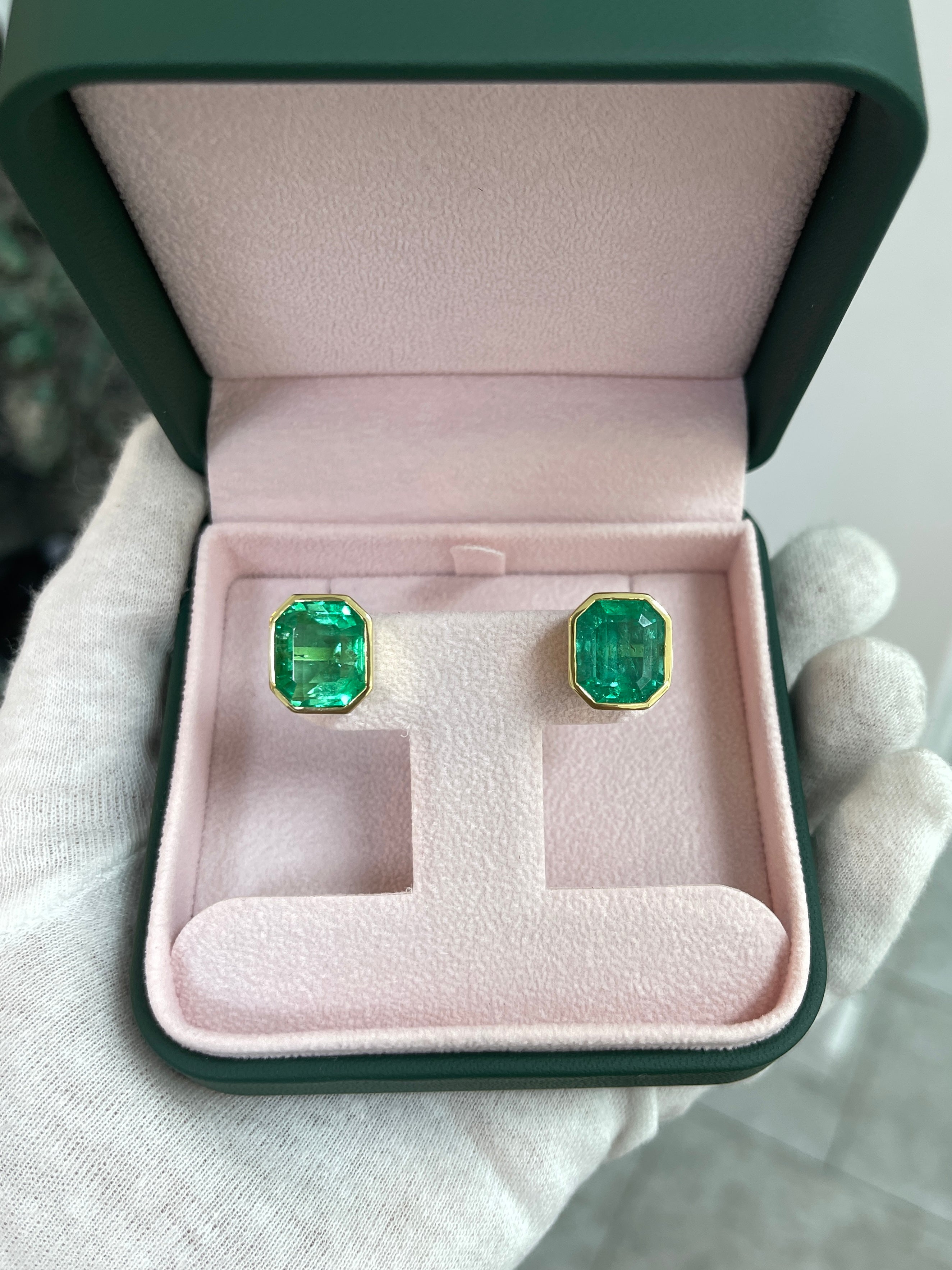 14.30tcw Large Bezel Set Natural Colombian Emerald Studs 18K - JR Colombian Emeralds
