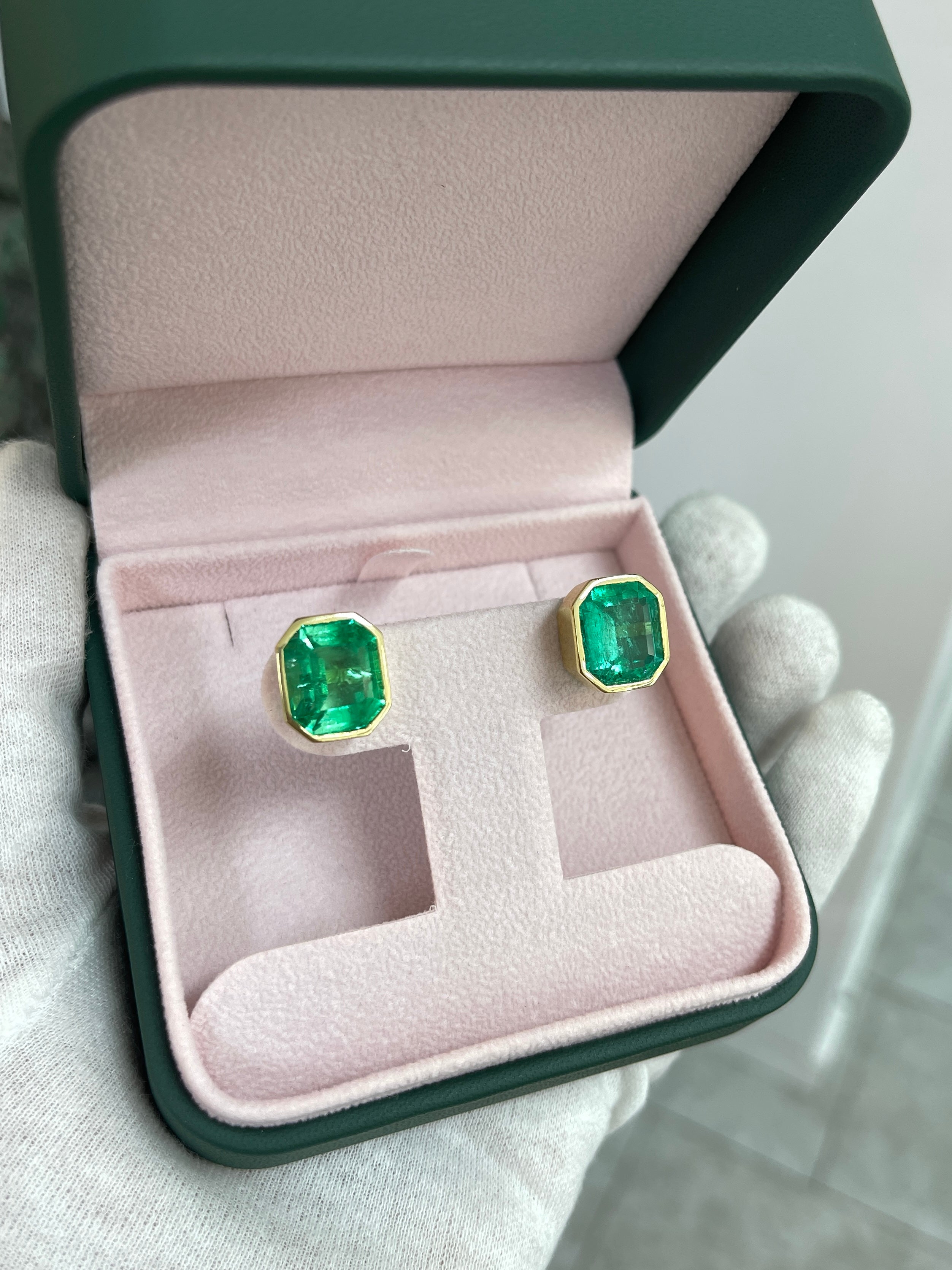14.30tcw Large Bezel Set Natural Colombian Emerald Studs 18K - JR Colombian Emeralds