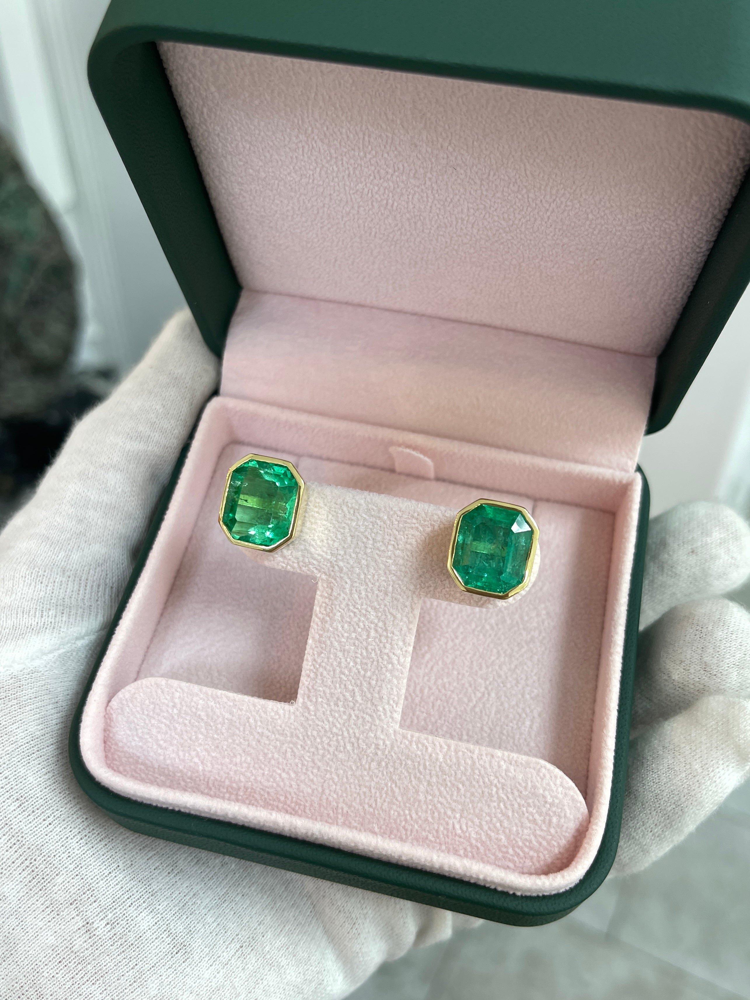 14.30tcw Large Bezel Set Natural Colombian Emerald Studs 18K - JR Colombian Emeralds