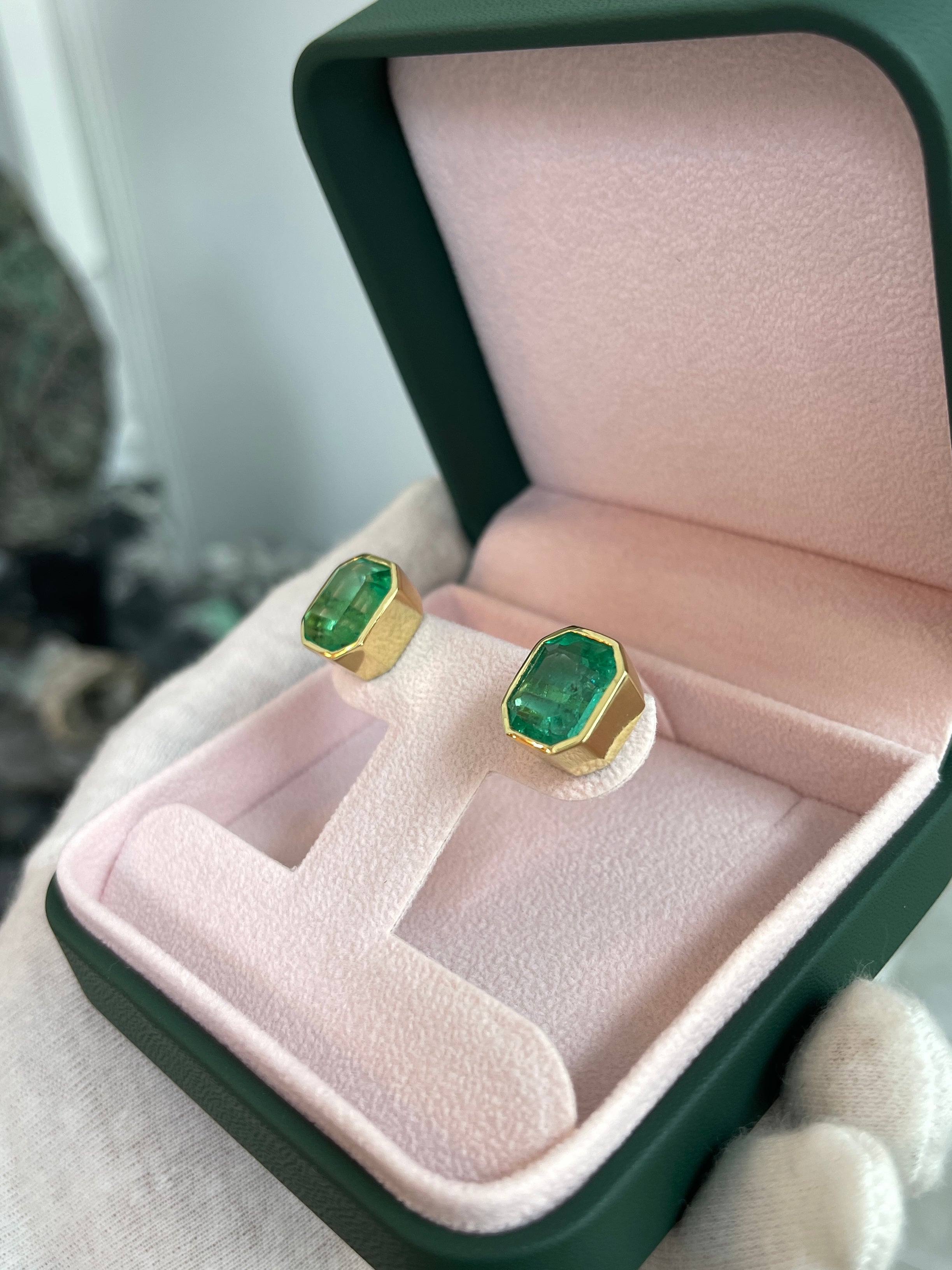 14.30tcw Large Bezel Set Natural Colombian Emerald Studs 18K - JR Colombian Emeralds