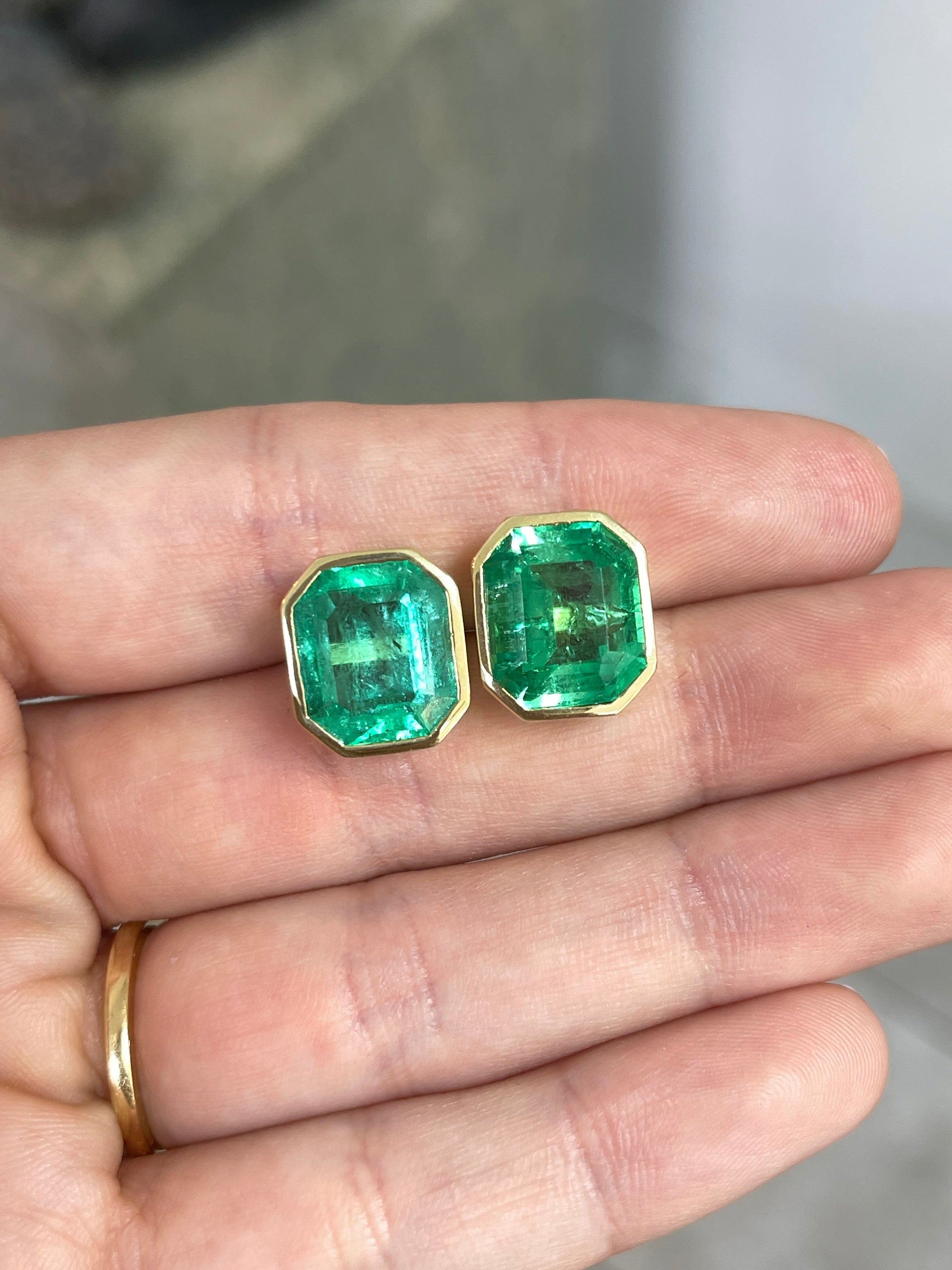 14.30tcw Large Bezel Set Natural Colombian Emerald Studs 18K - JR Colombian Emeralds