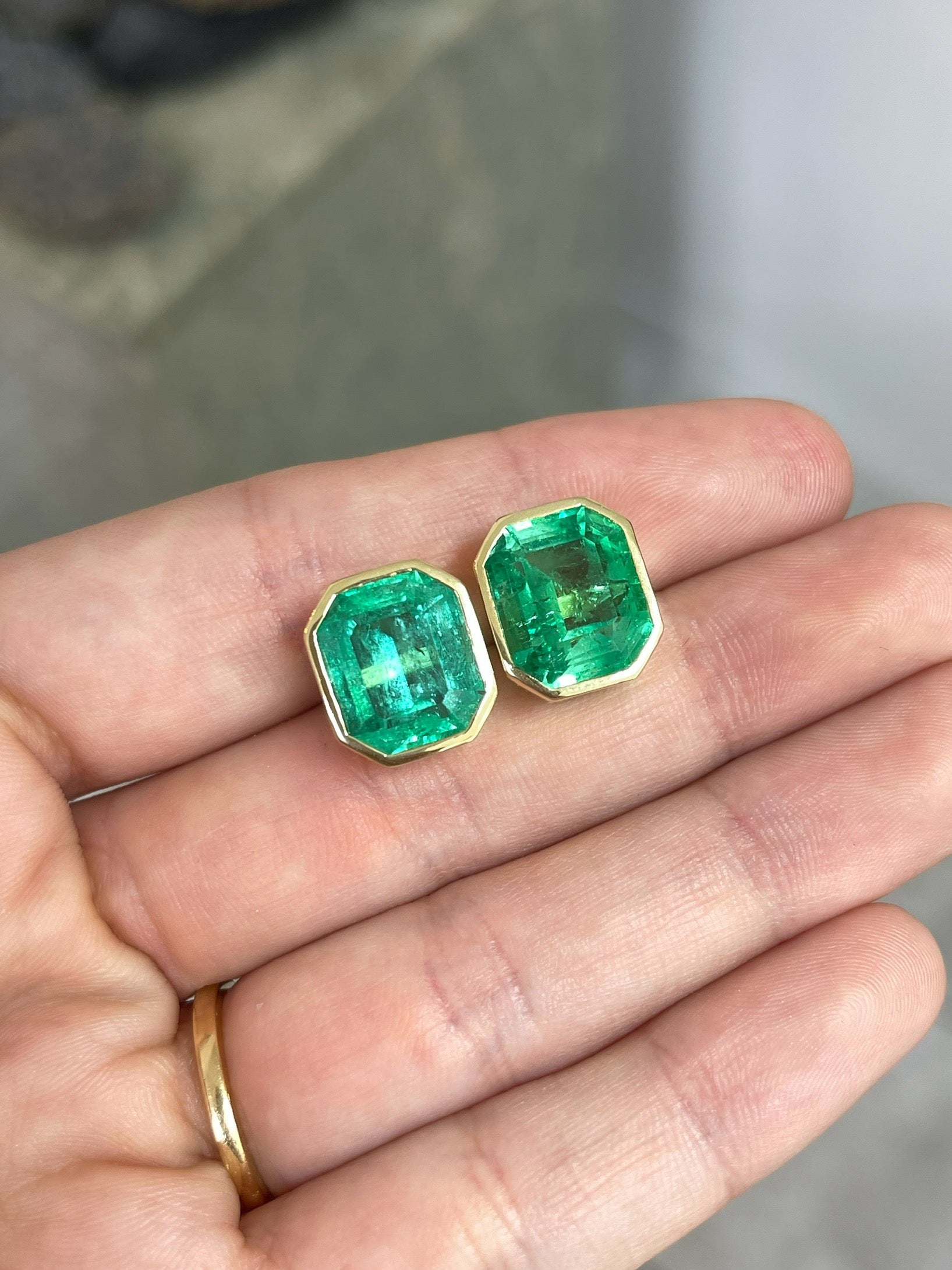 14.30tcw Large Bezel Set Natural Colombian Emerald Studs 18K - JR Colombian Emeralds