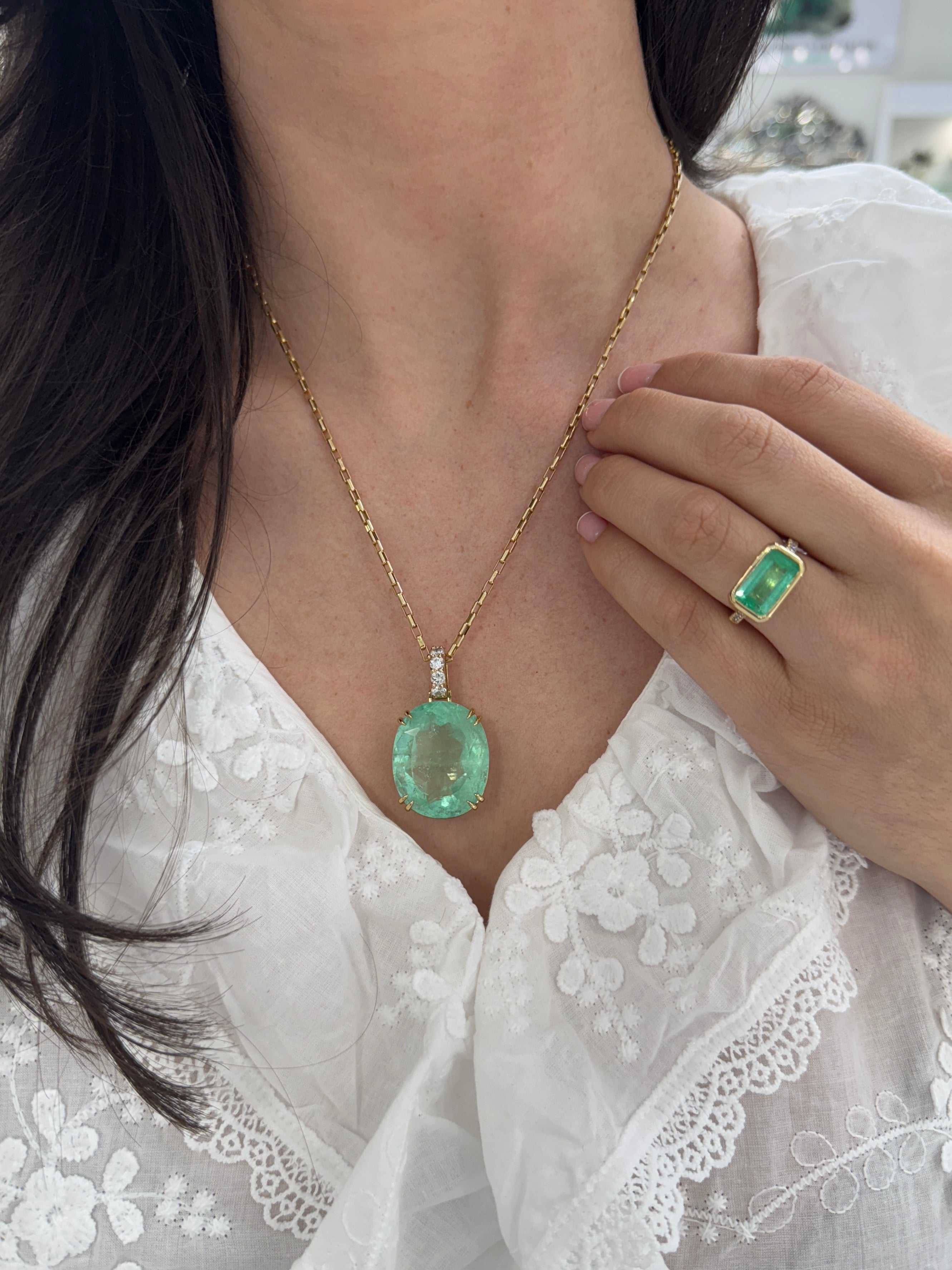 63.14 Carat Light Green Real, Natural Oval Colombian Emerald & Diamond 18K Pendant