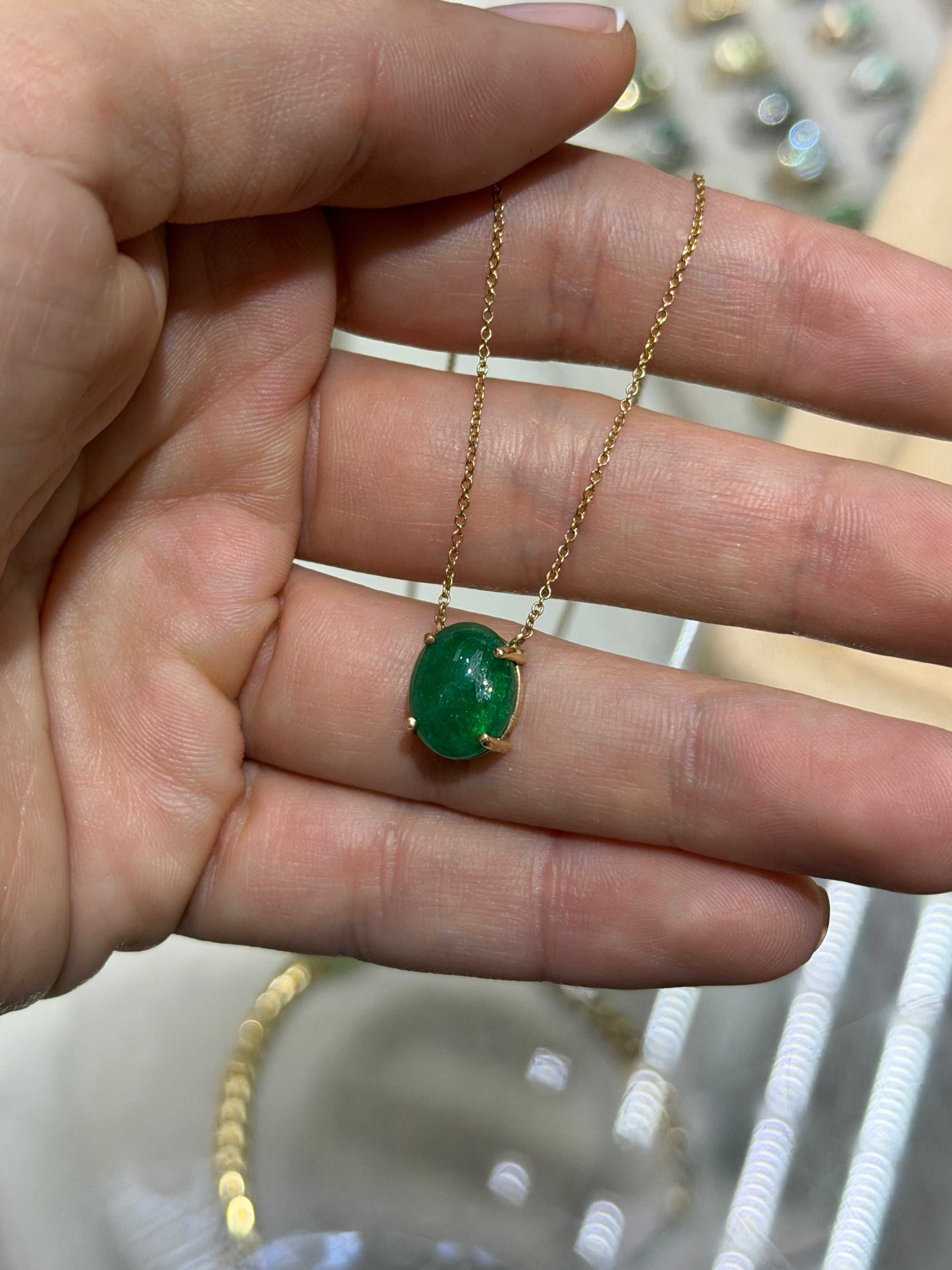 5.50 Carat Zambian Emerald Cabochon Cut Solitaire Necklace 14K - JR Colombian Emeralds