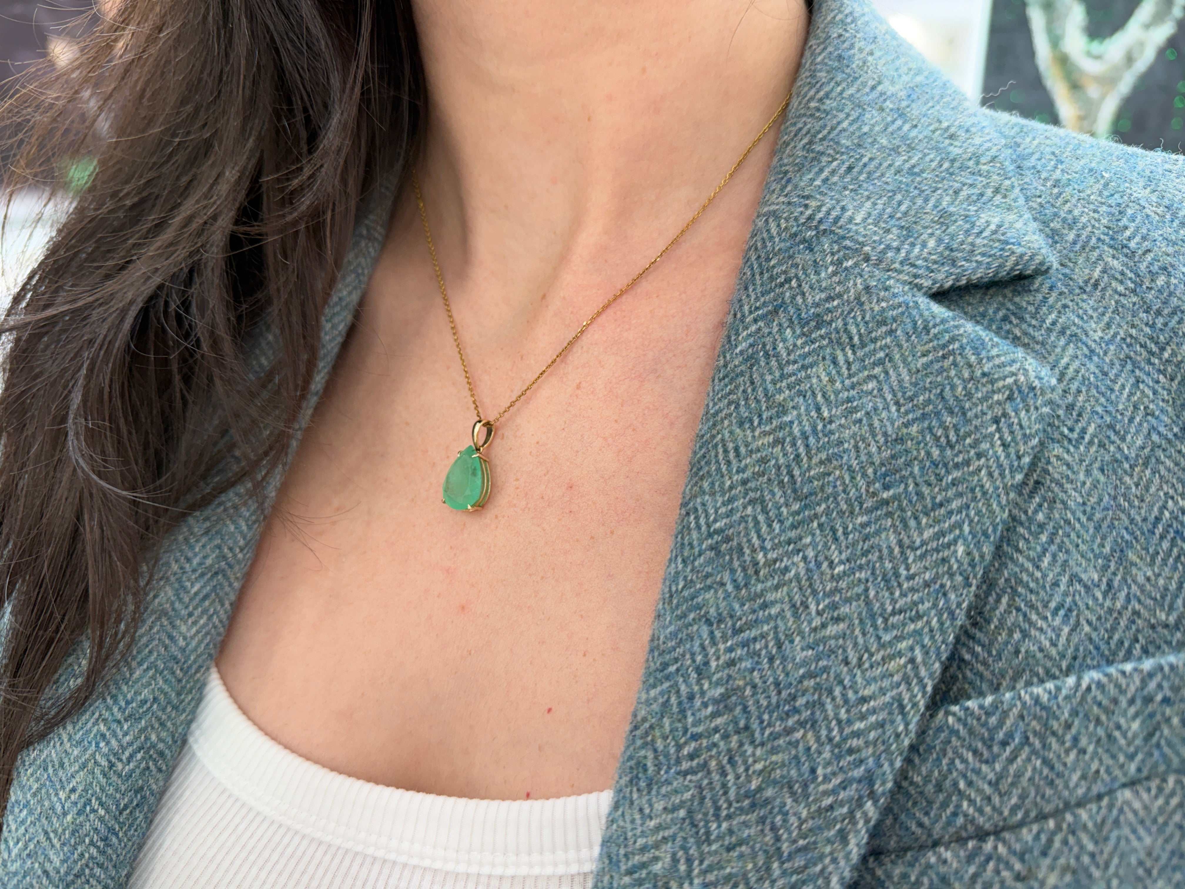 8.20 Carat Earthy Colombian Emerald Teardrop Solitaire Necklace 14K Gold - JR Colombian Emeralds