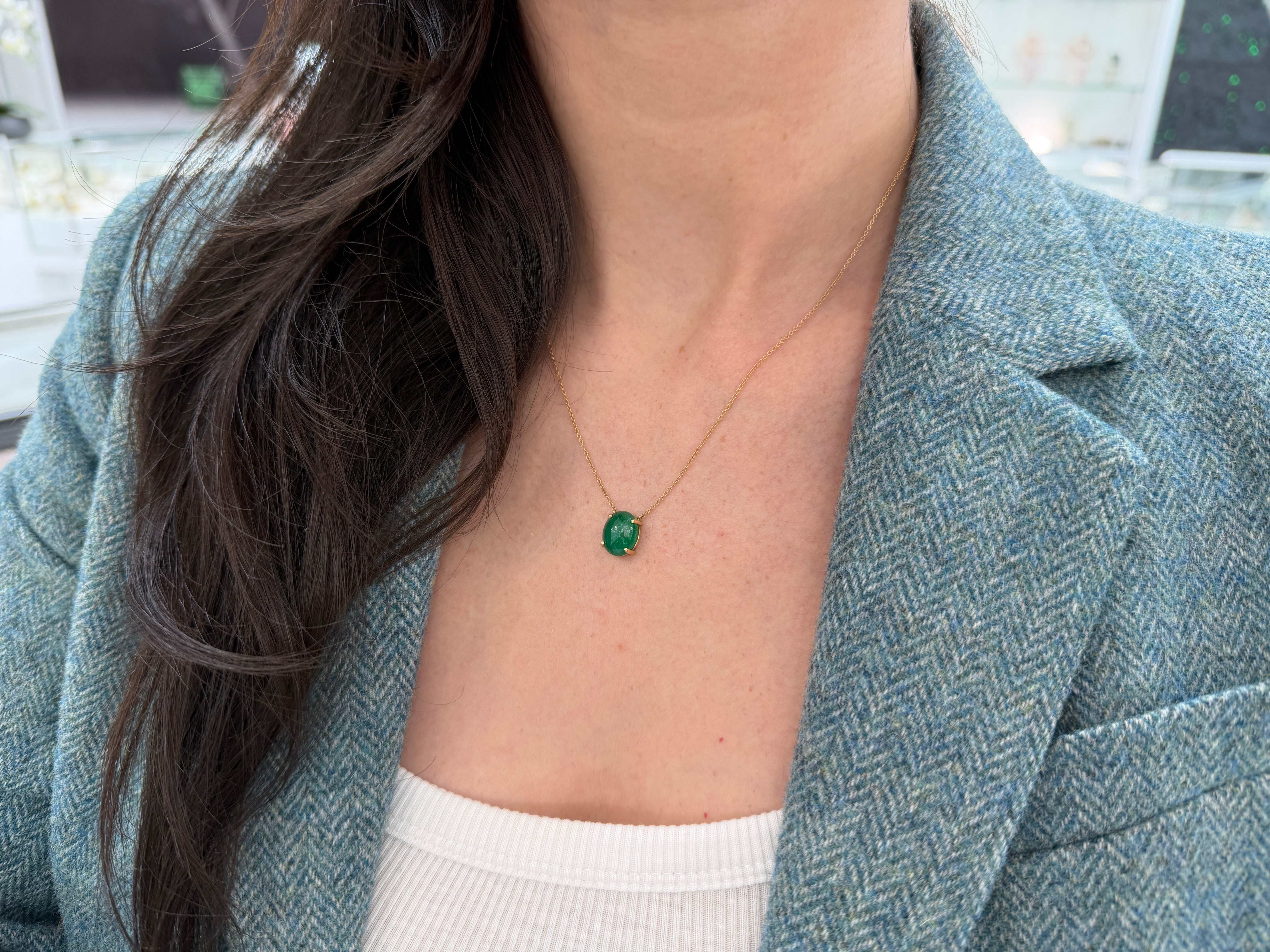 5.50 Carat Zambian Emerald Cabochon Cut Solitaire Necklace 14K - JR Colombian Emeralds