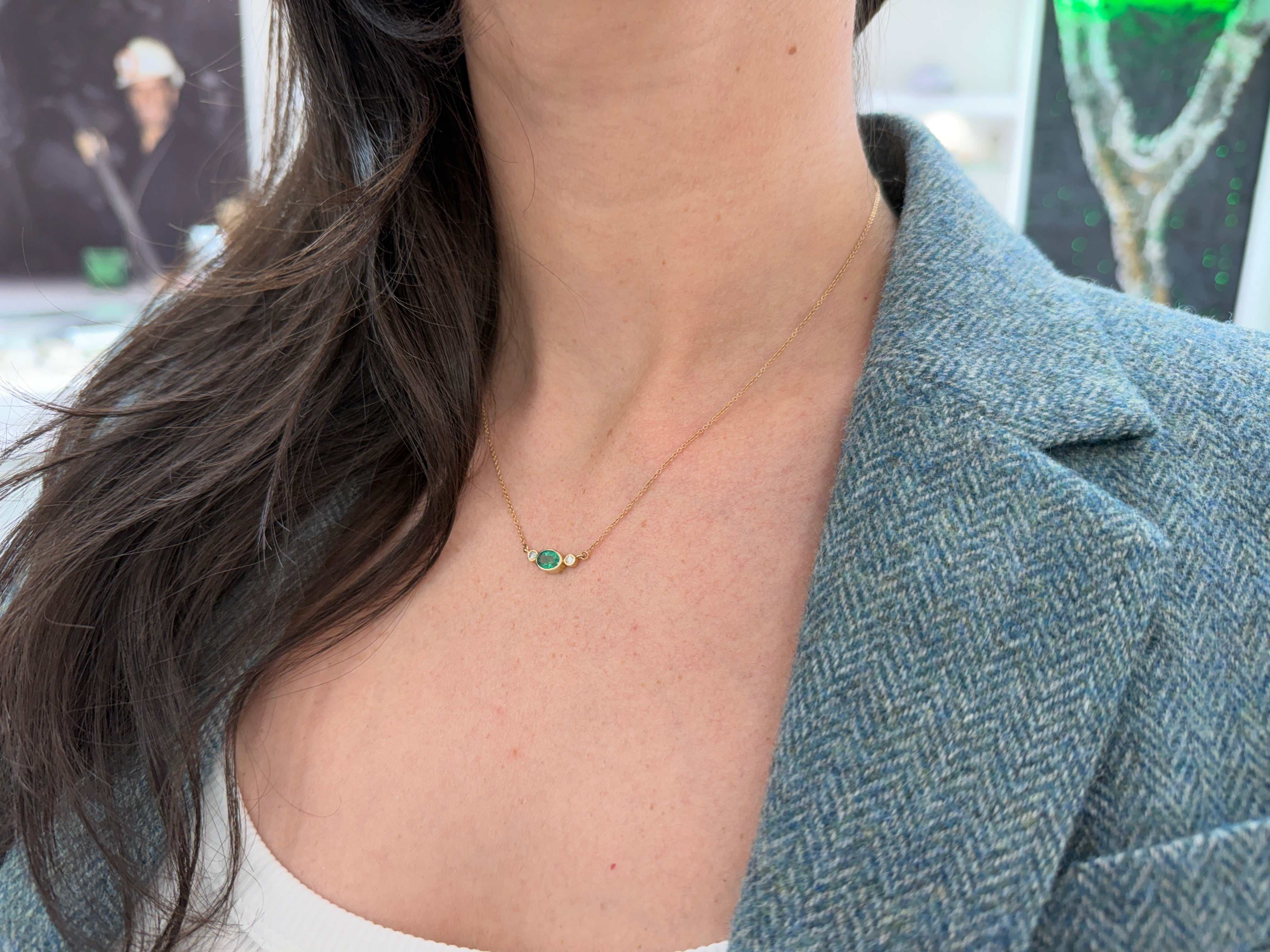 1.0tcw Everyday East-West Oval Emerald & Diamond Bezel Three Stone Necklace 14K