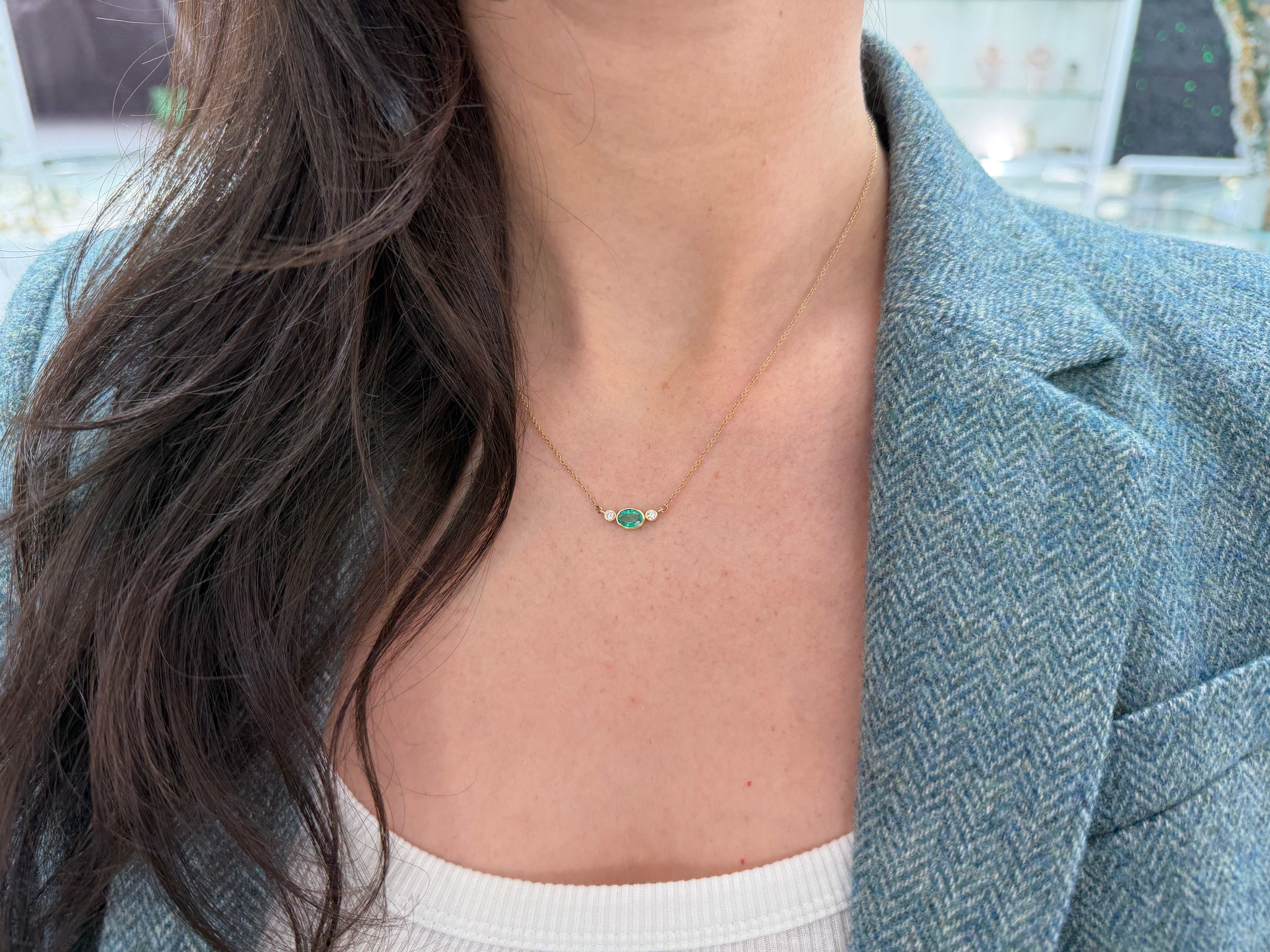 1.0tcw Everyday East-West Oval Emerald & Diamond Bezel Three Stone Necklace 14K
