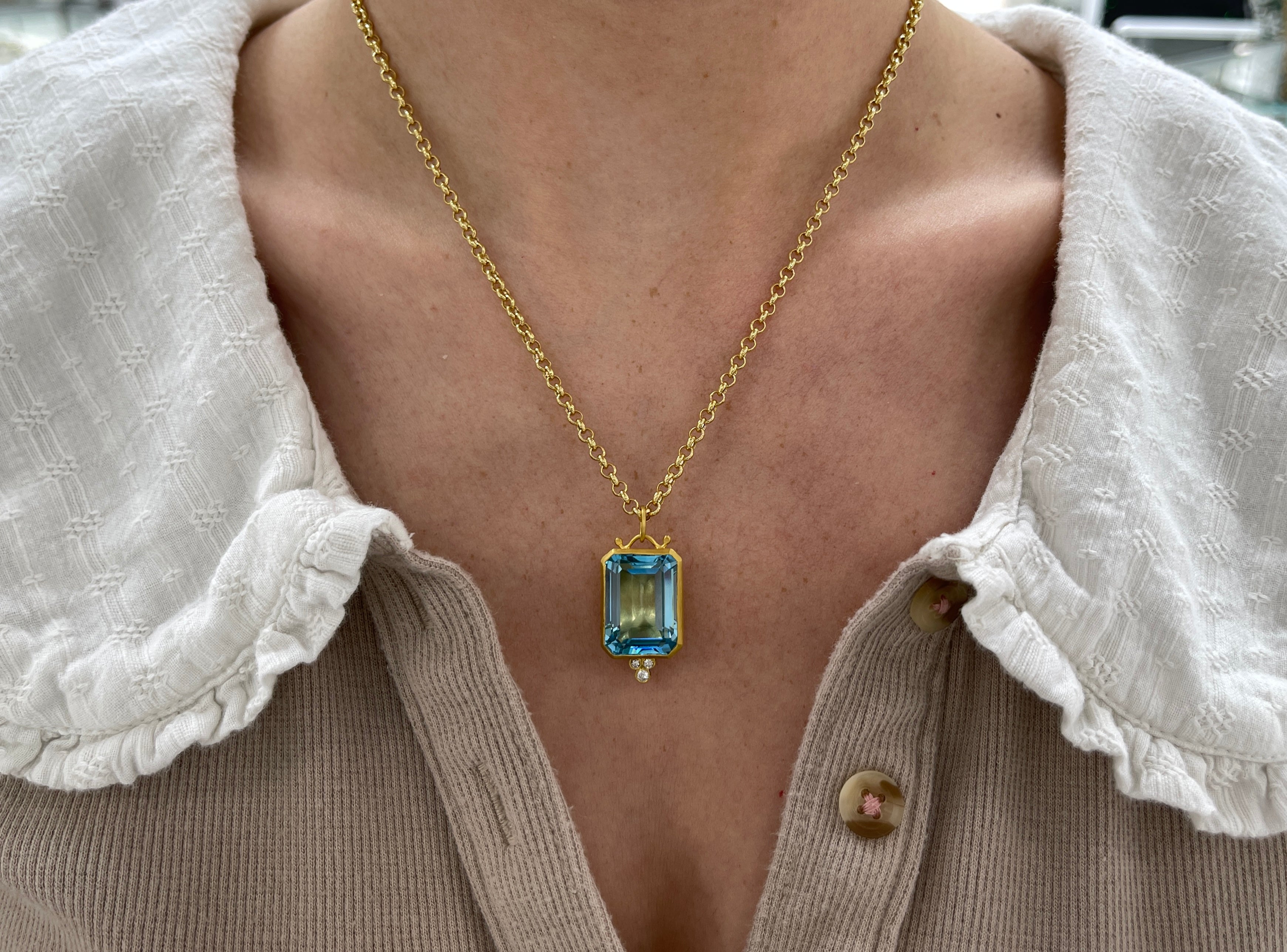 28.79TCW 24K Pure Gold Blue Topaz & Diamond Bezel Pendant - JR Colombian Emeralds