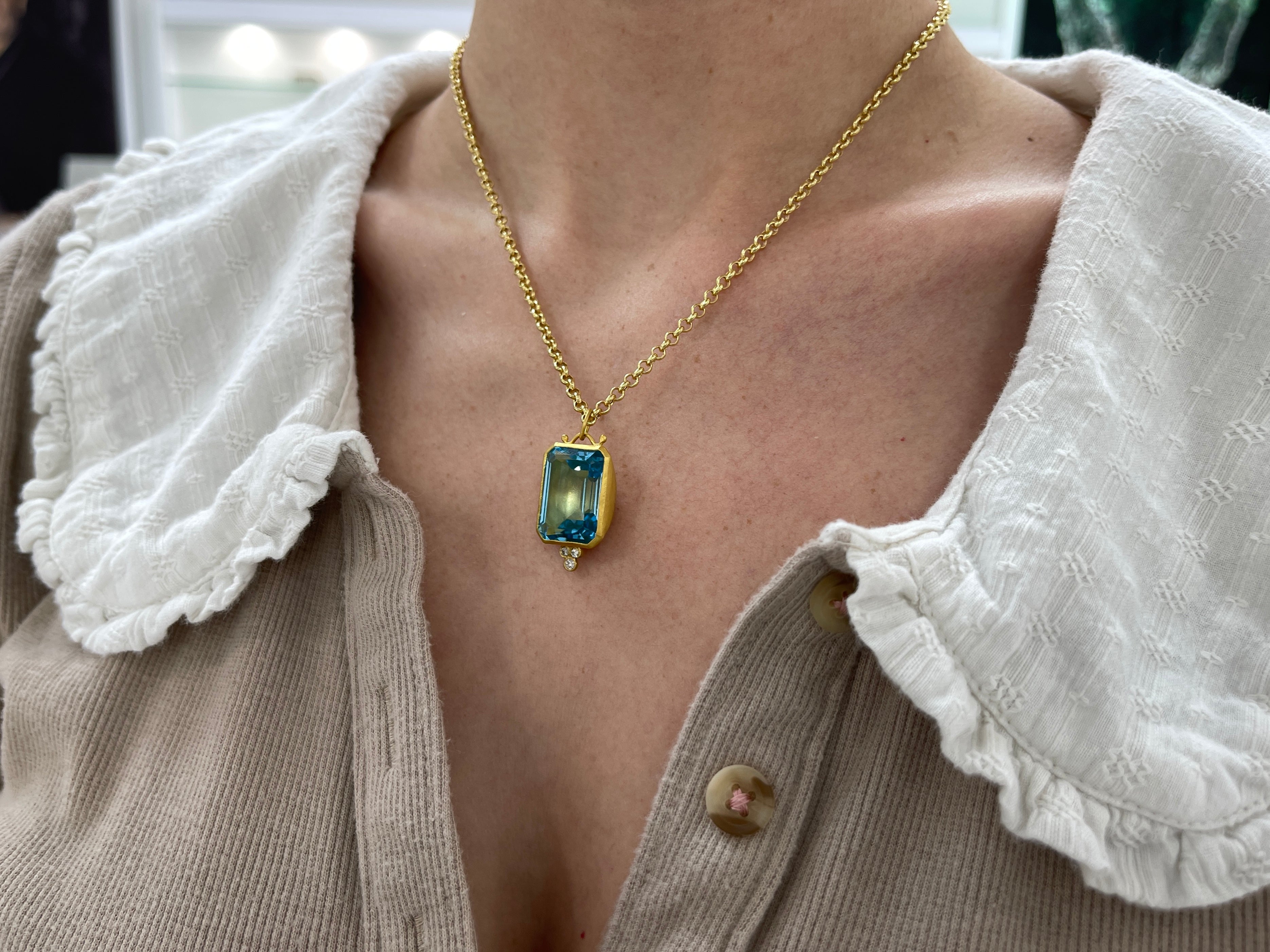 28.79TCW 24K Pure Gold Blue Topaz & Diamond Bezel Pendant - JR Colombian Emeralds