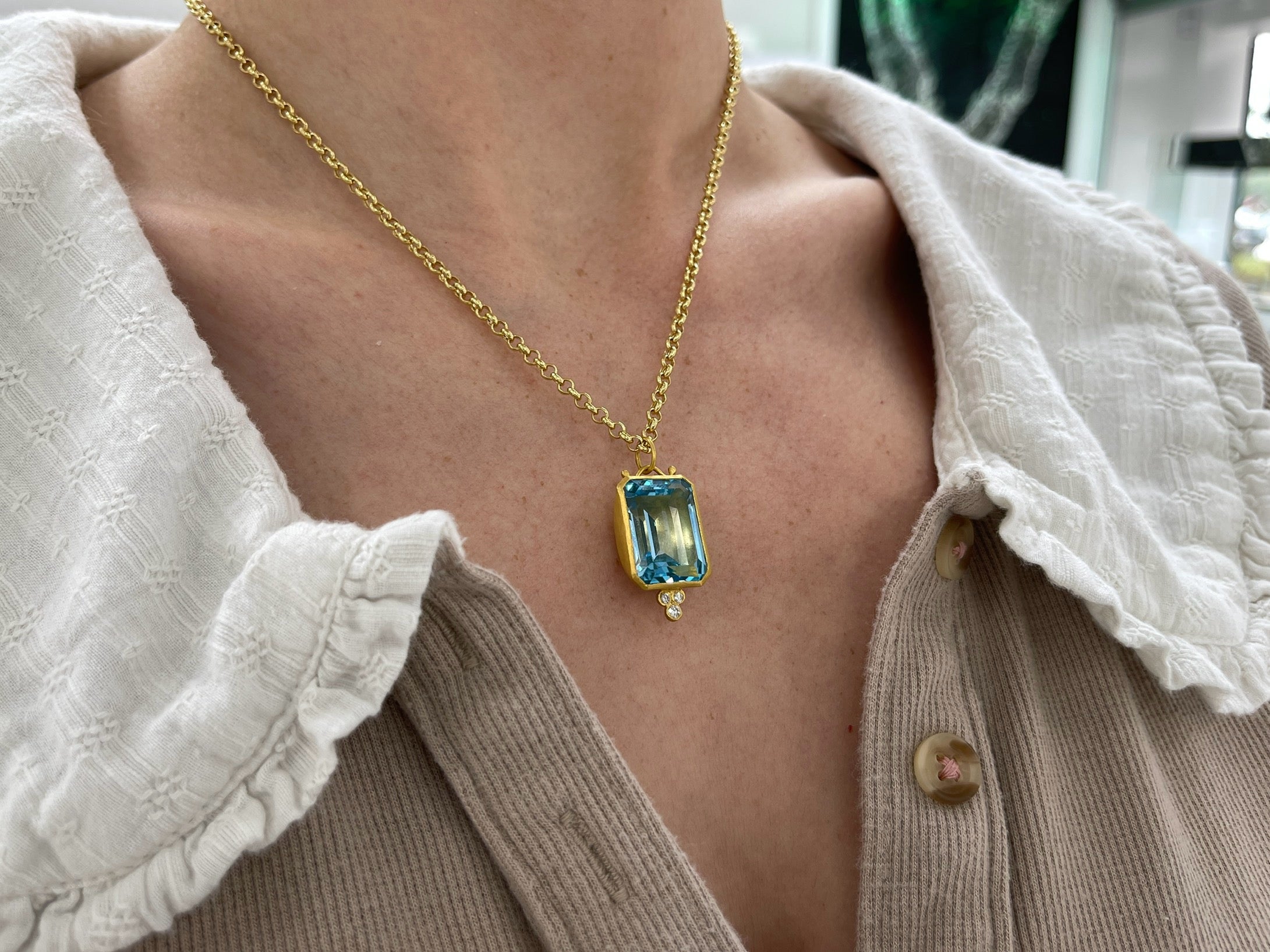 28.79TCW 24K Pure Gold Blue Topaz & Diamond Bezel Pendant - JR Colombian Emeralds
