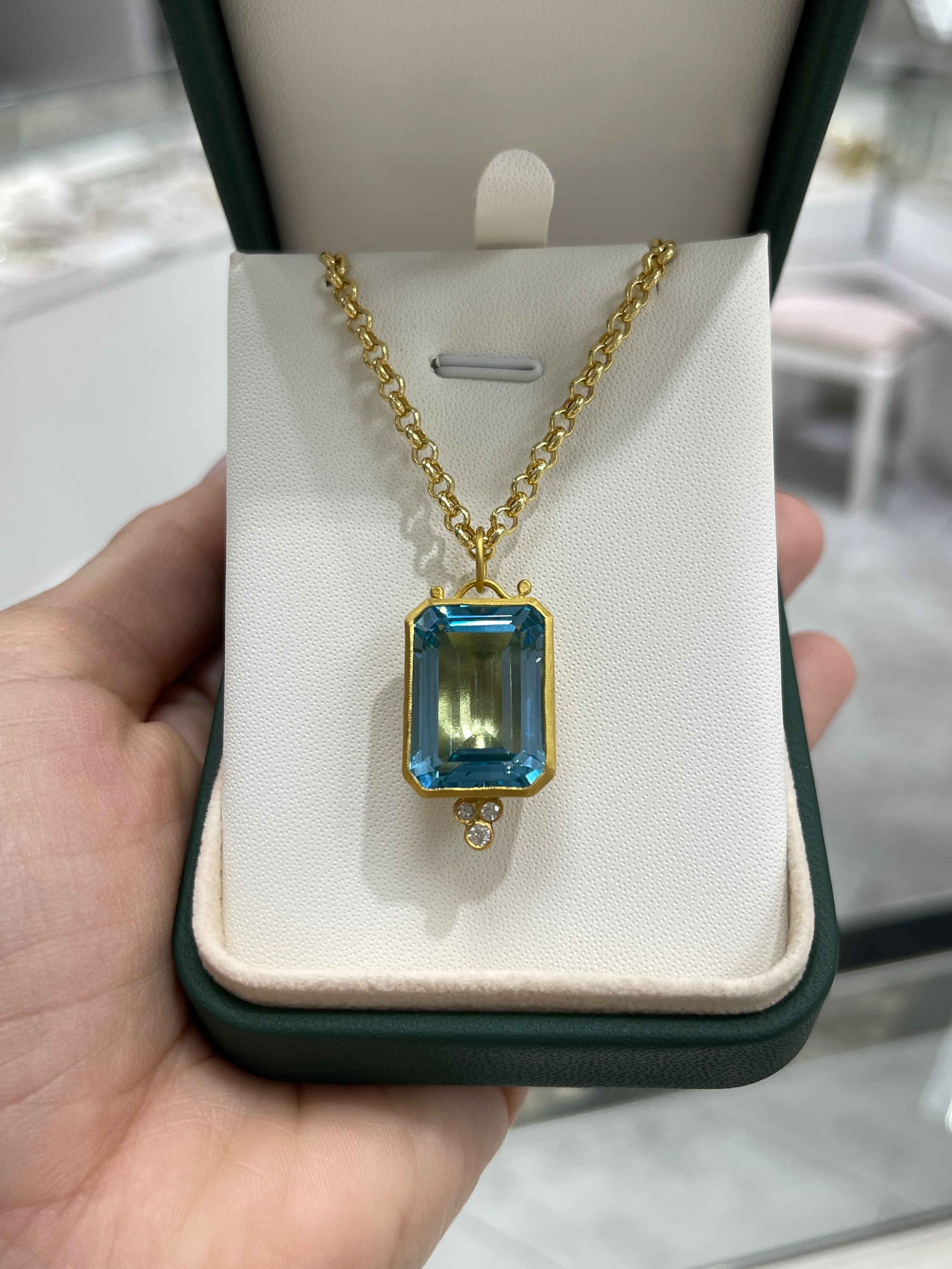 28.79TCW 24K Pure Gold Blue Topaz & Diamond Bezel Pendant - JR Colombian Emeralds
