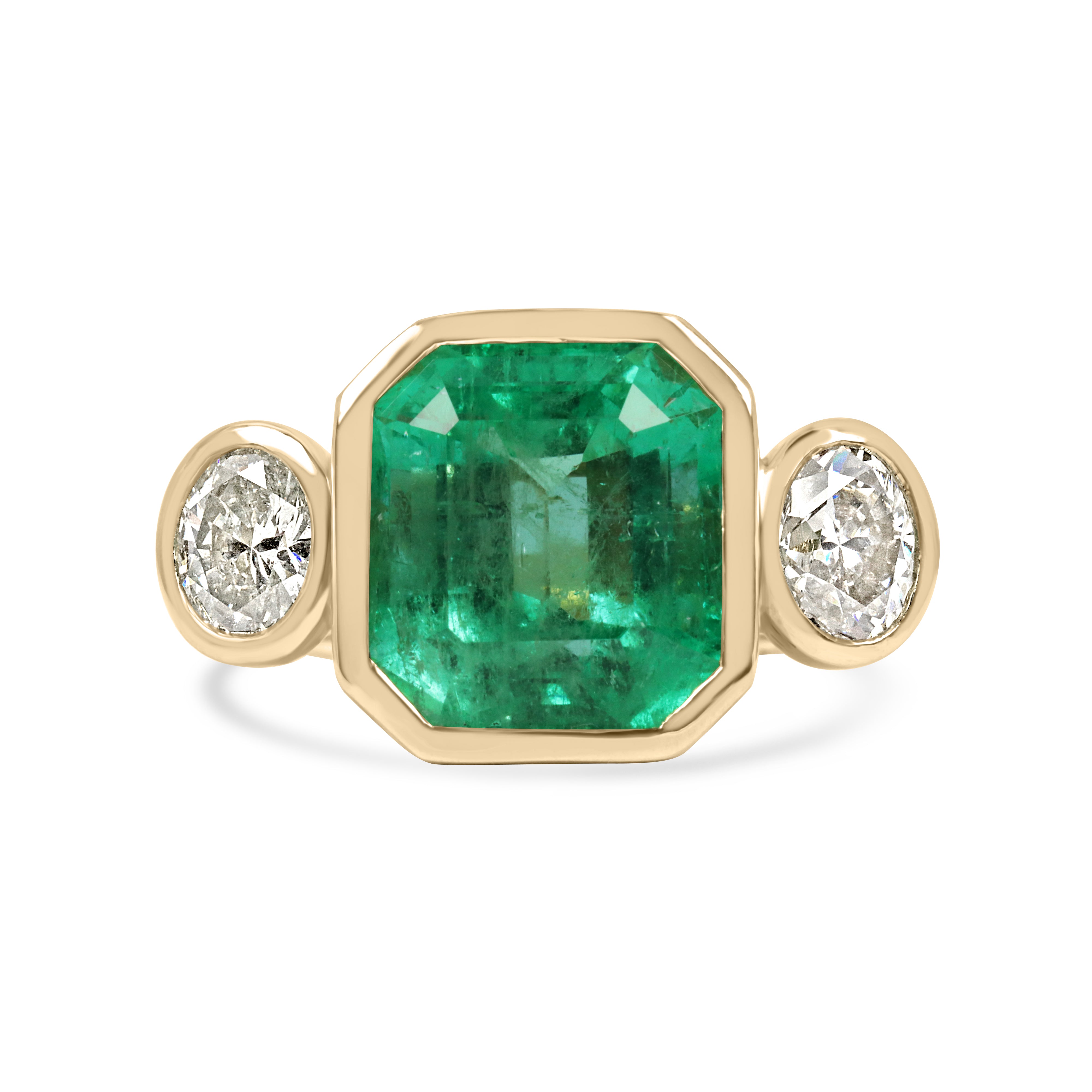 9.10tcw Bezel Set Colombian Emerald & Oval Diamond 18K Ring - JR Colombian Emeralds