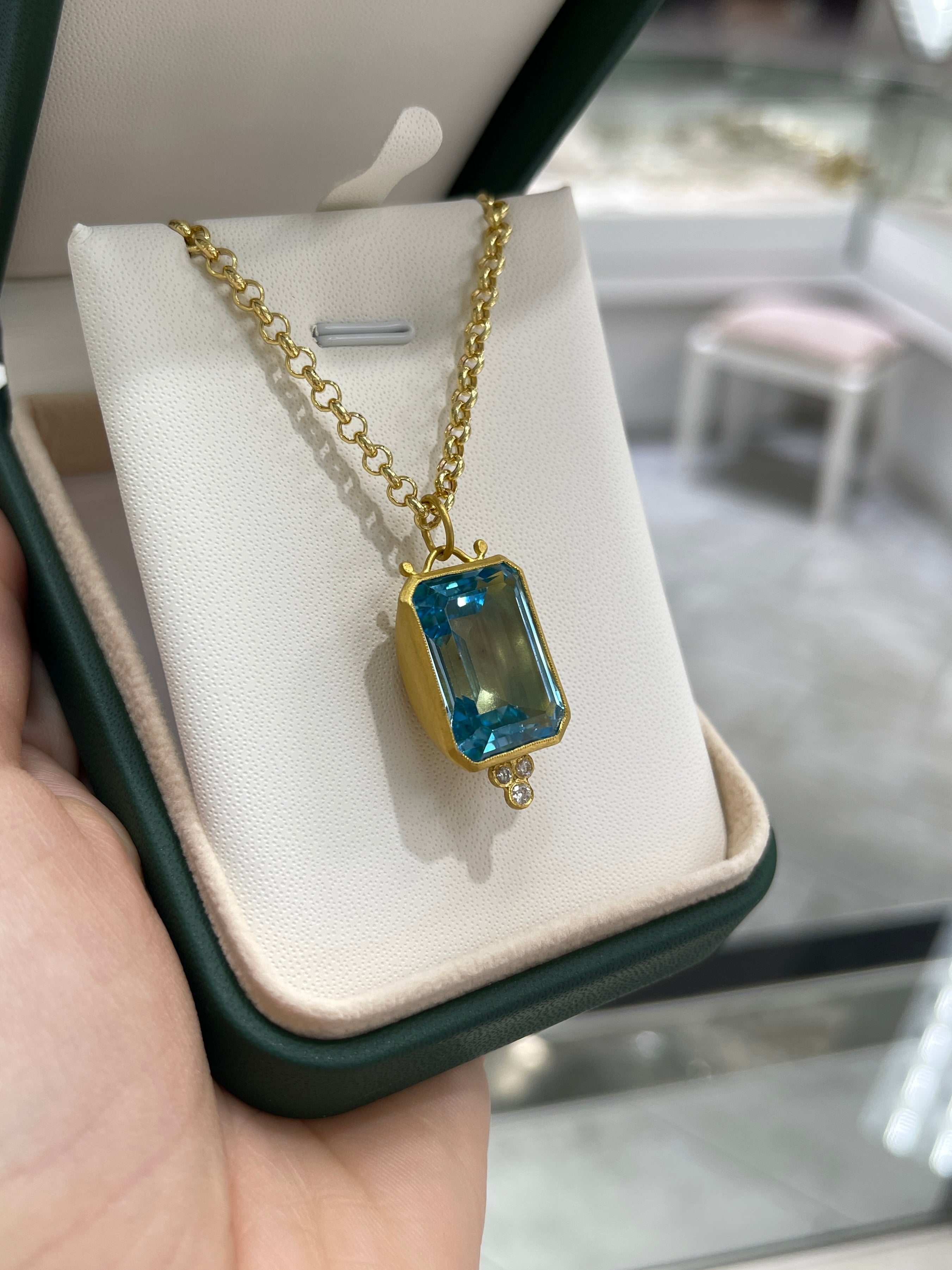28.79TCW 24K Pure Gold Blue Topaz & Diamond Bezel Pendant - JR Colombian Emeralds