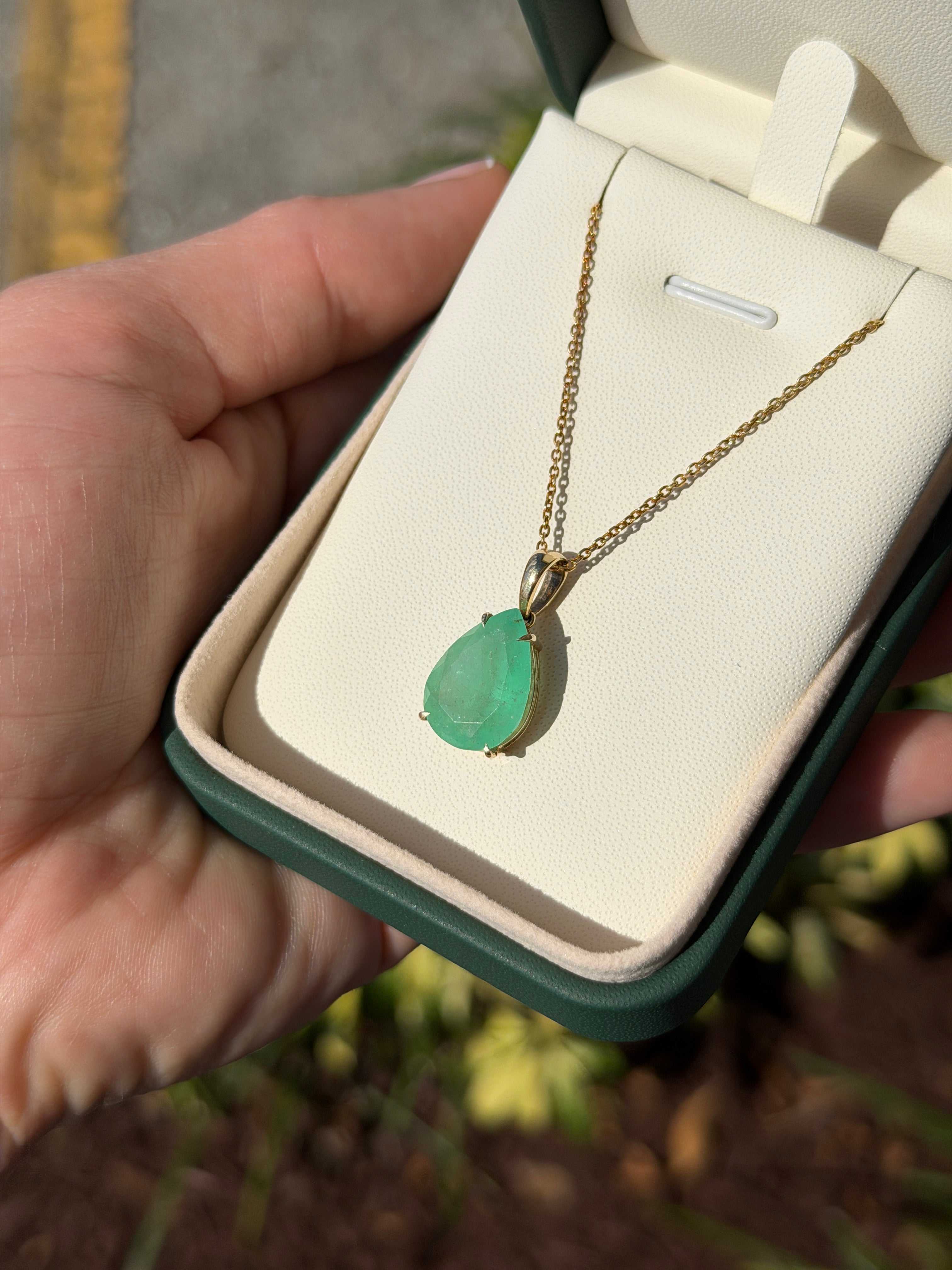 8.20 Carat Earthy Colombian Emerald Teardrop Solitaire Necklace 14K Gold - JR Colombian Emeralds