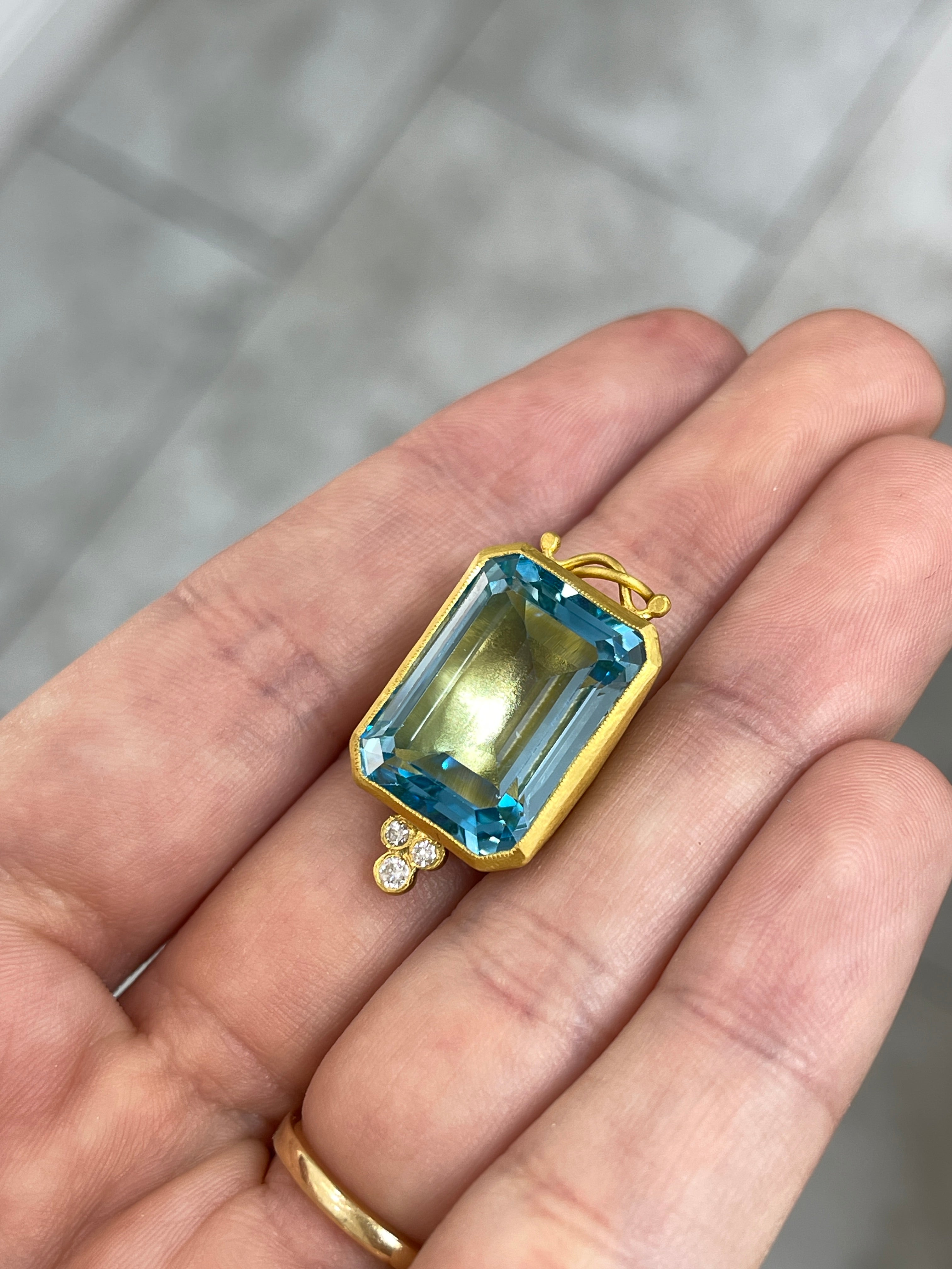 28.79TCW 24K Pure Gold Blue Topaz & Diamond Bezel Pendant - JR Colombian Emeralds