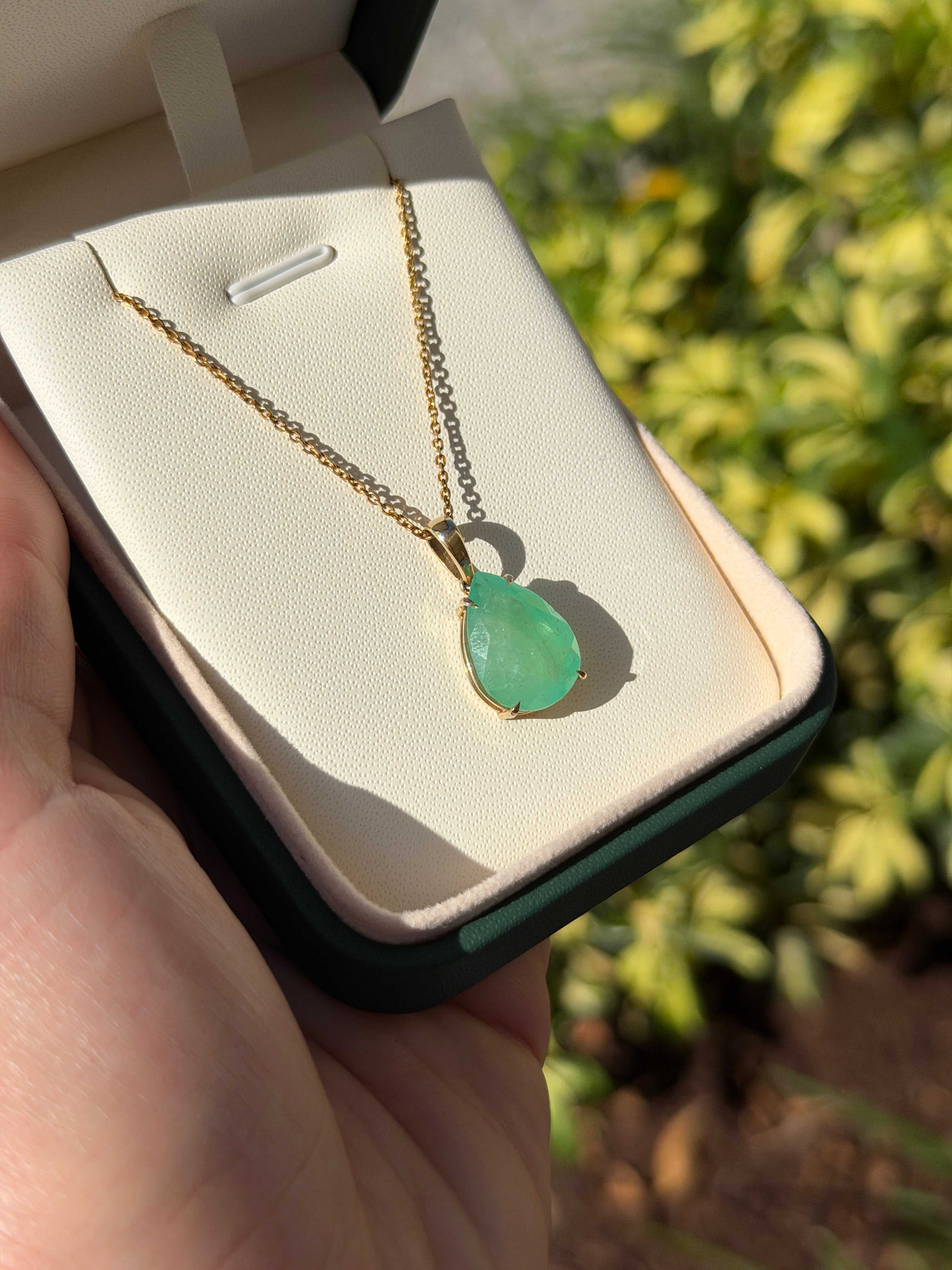 8.20 Carat Earthy Colombian Emerald Teardrop Solitaire Necklace 14K Gold - JR Colombian Emeralds