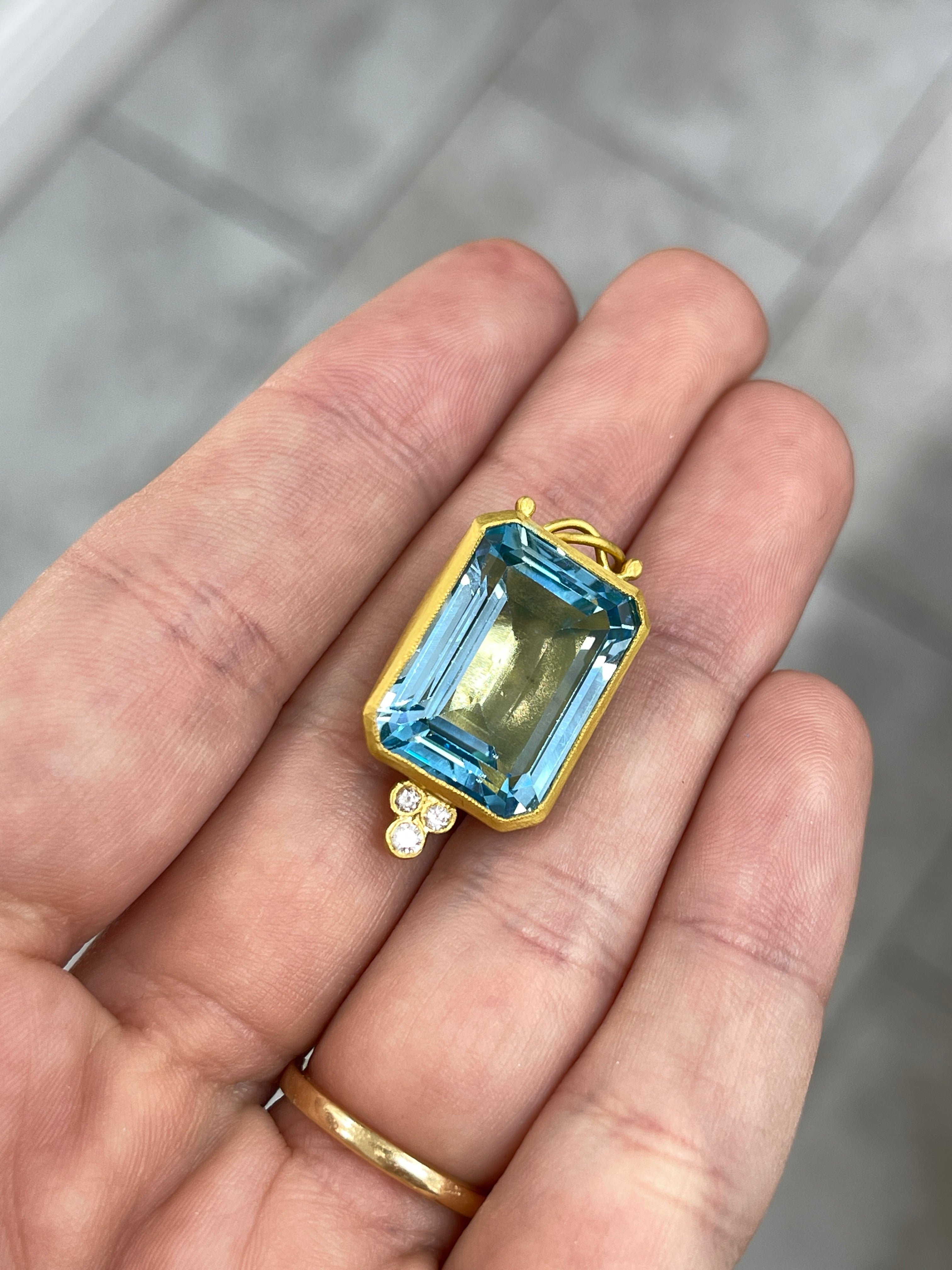 28.79TCW 24K Pure Gold Blue Topaz & Diamond Bezel Pendant - JR Colombian Emeralds